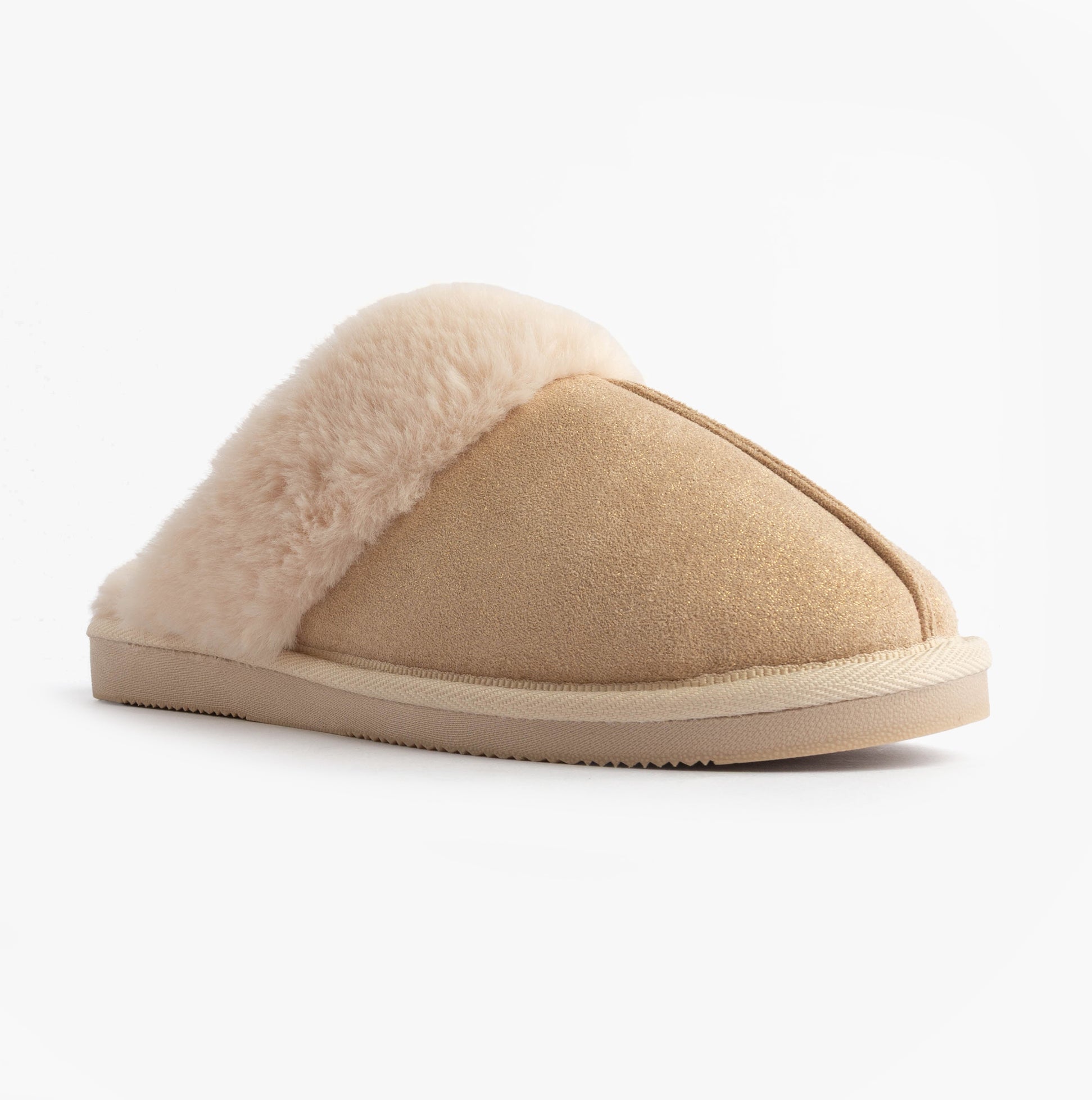 Jo & Joe GLIMMER Womens Mule Slippers Beige side view showing soft textile upper and warm lining