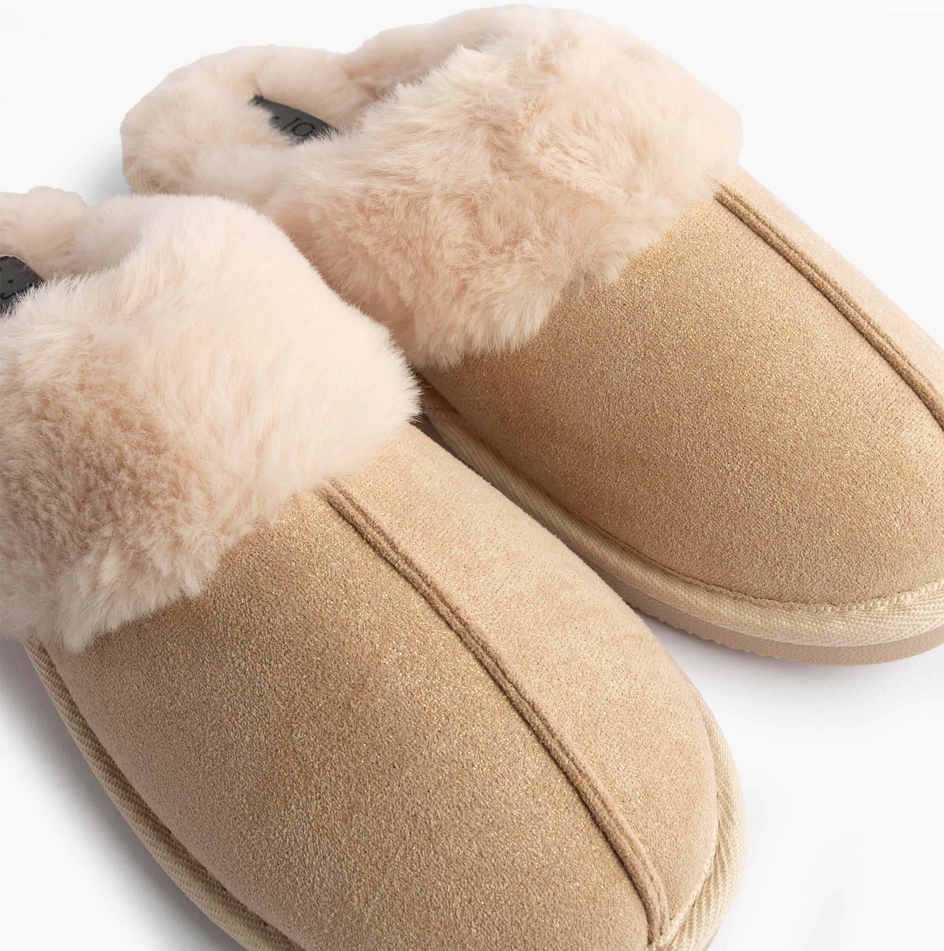 Jo & Joe GLIMMER Womens Mule Slippers Beige overhead view showing soft textile upper and warm lining.