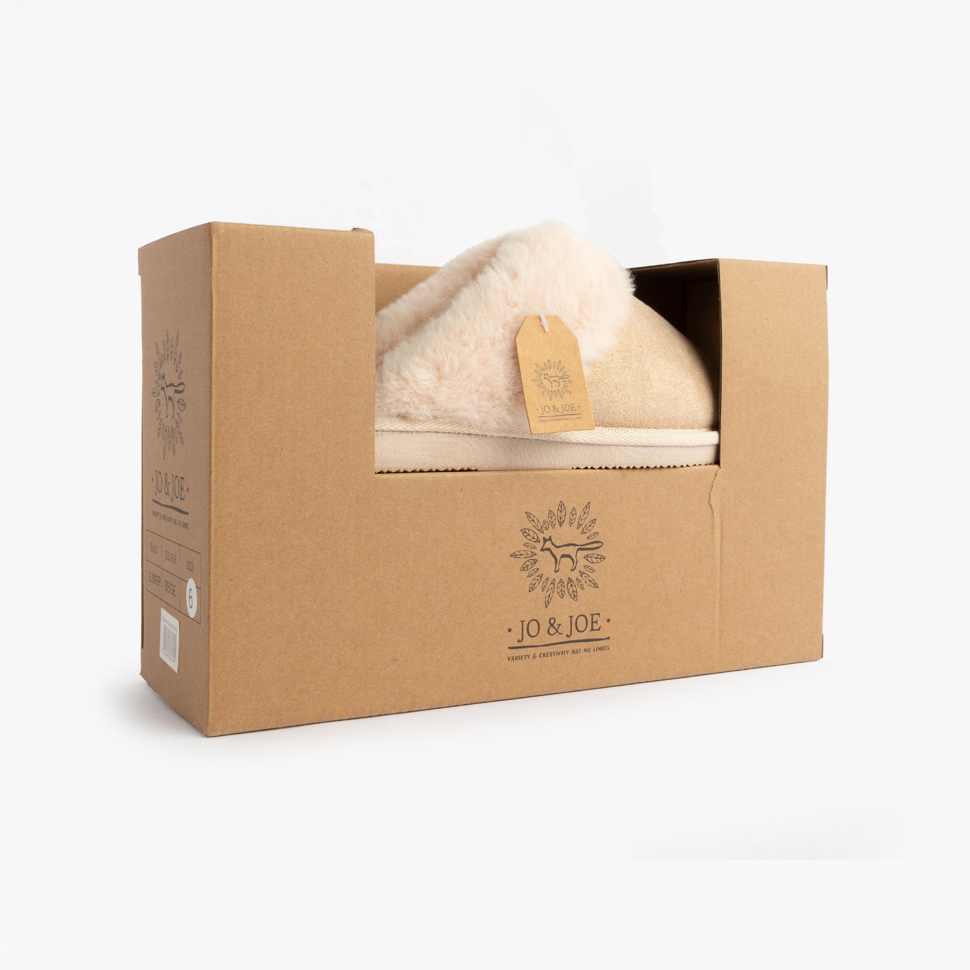 Jo & Joe GLIMMER Womens Mule Slippers Beige in gift box side view.