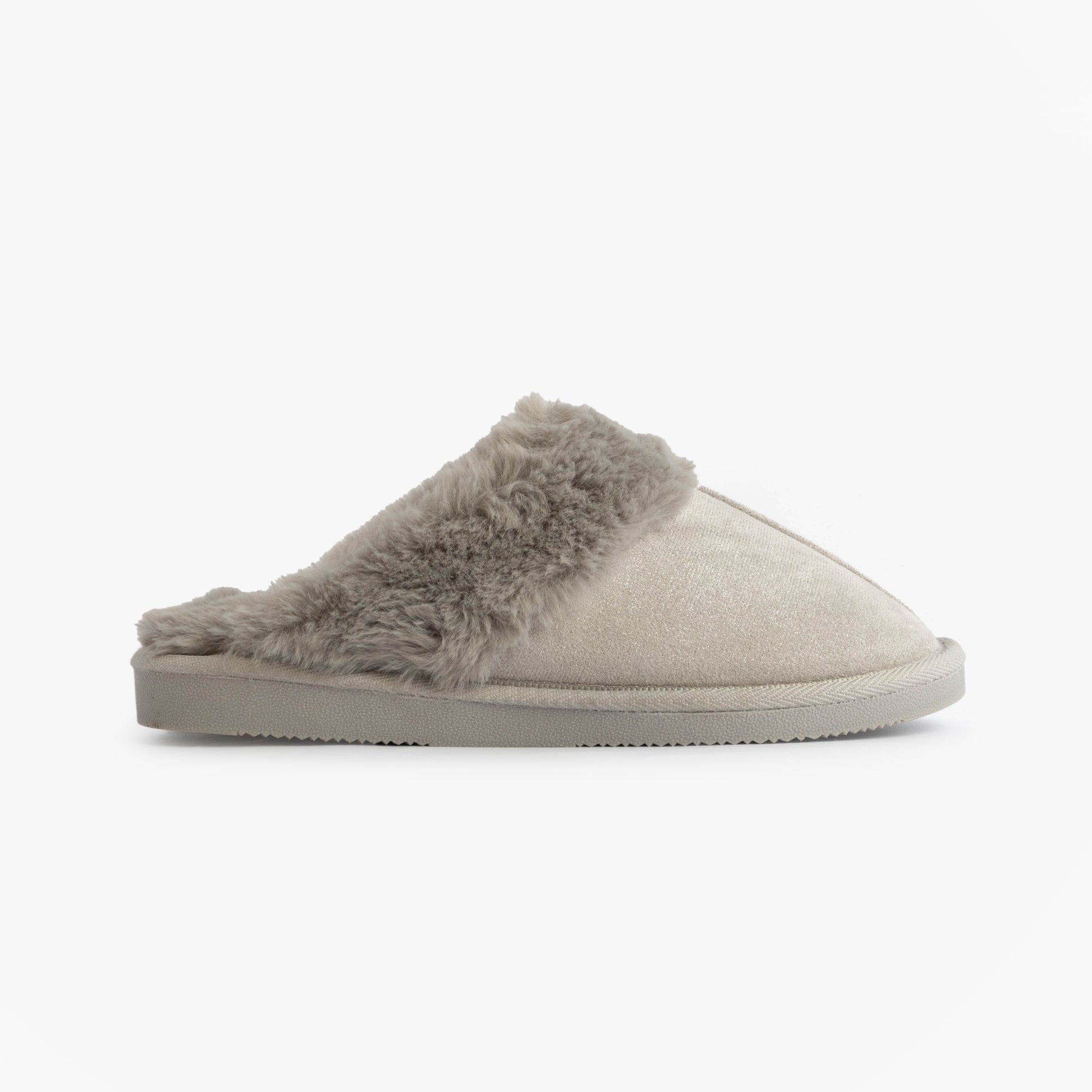 Jo & Joe GLIMMER Womens Mule Slippers Grey side view with soft grey fur lining and synthetic sole.