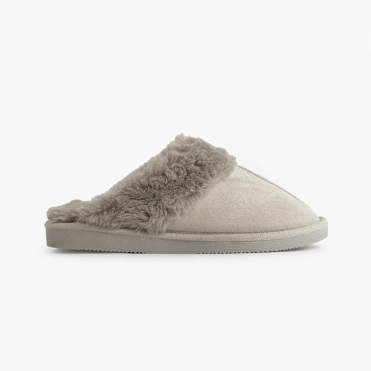 Jo & Joe GLIMMER Womens Mule Slippers Grey side view with soft grey fur lining and synthetic sole.