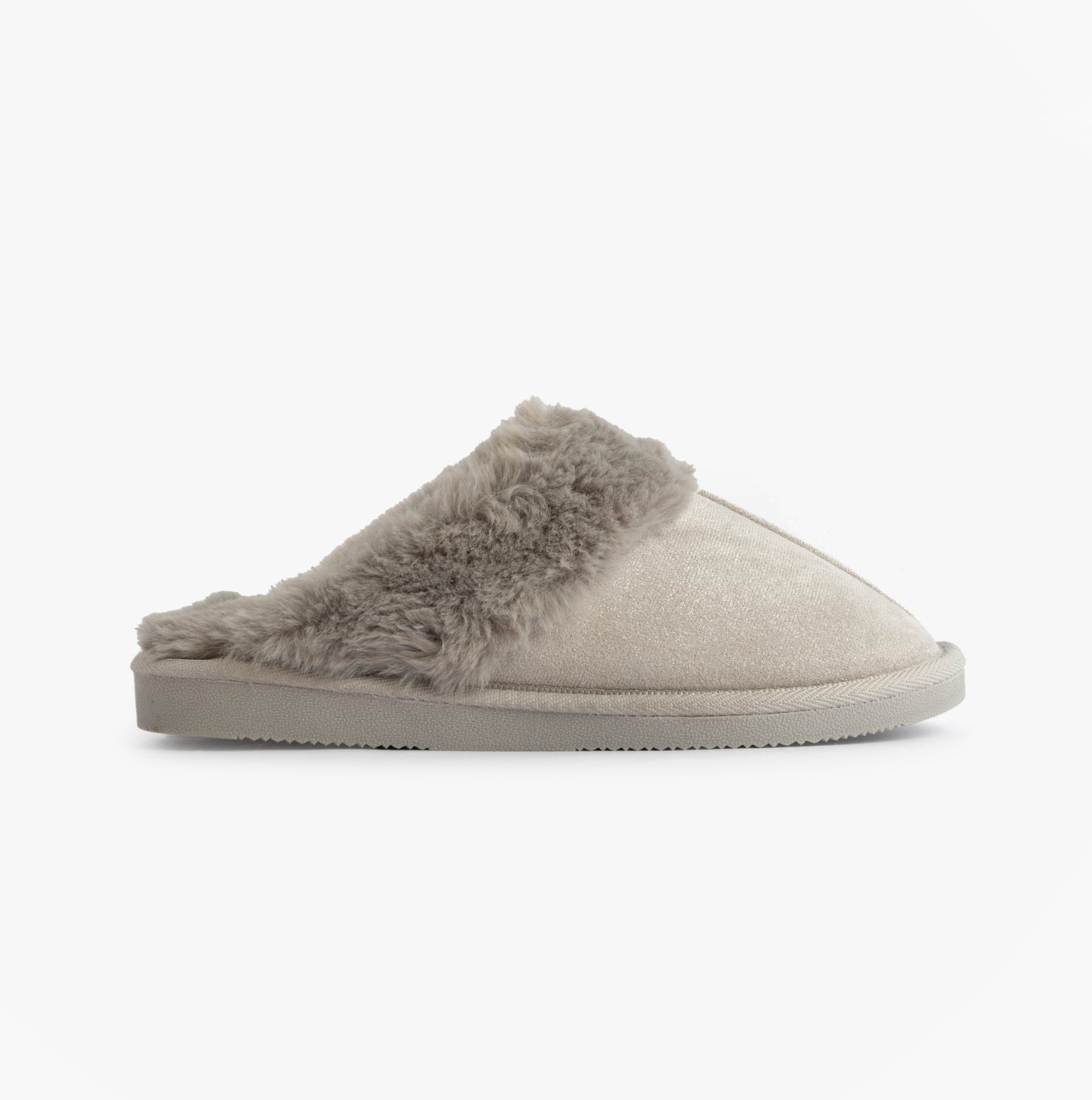 Jo & Joe GLIMMER Womens Mule Slippers Grey side view with soft grey fur lining and synthetic sole.