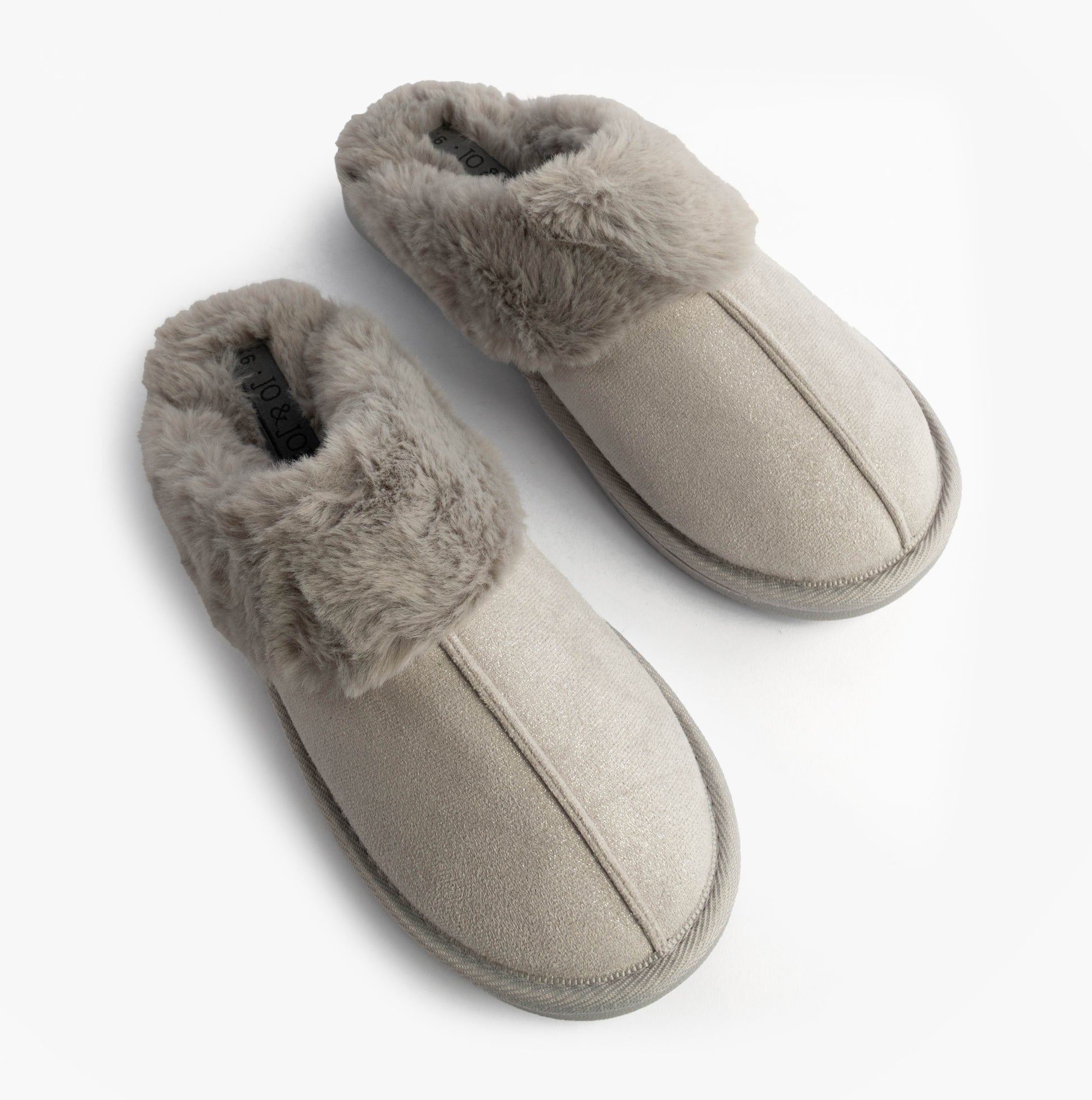 Jo & Joe GLIMMER Womens Mule Slippers Grey top view showcasing plush lining and soft textile material.