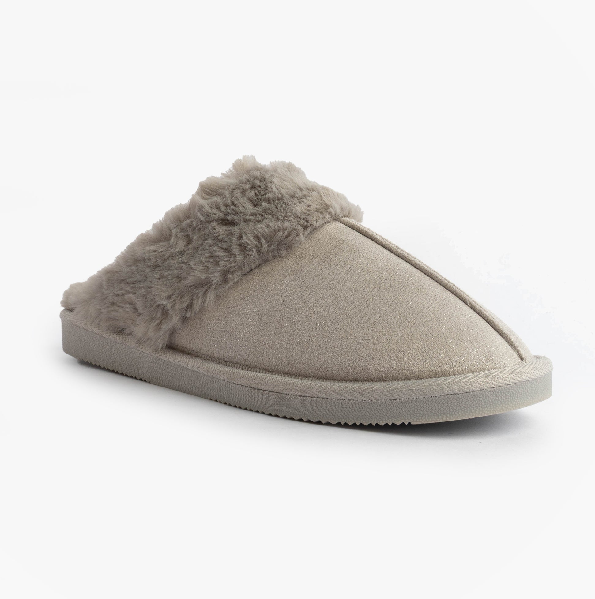 Jo & Joe GLIMMER Womens Mule Slippers Grey side view showing soft textile upper and warm lining.
