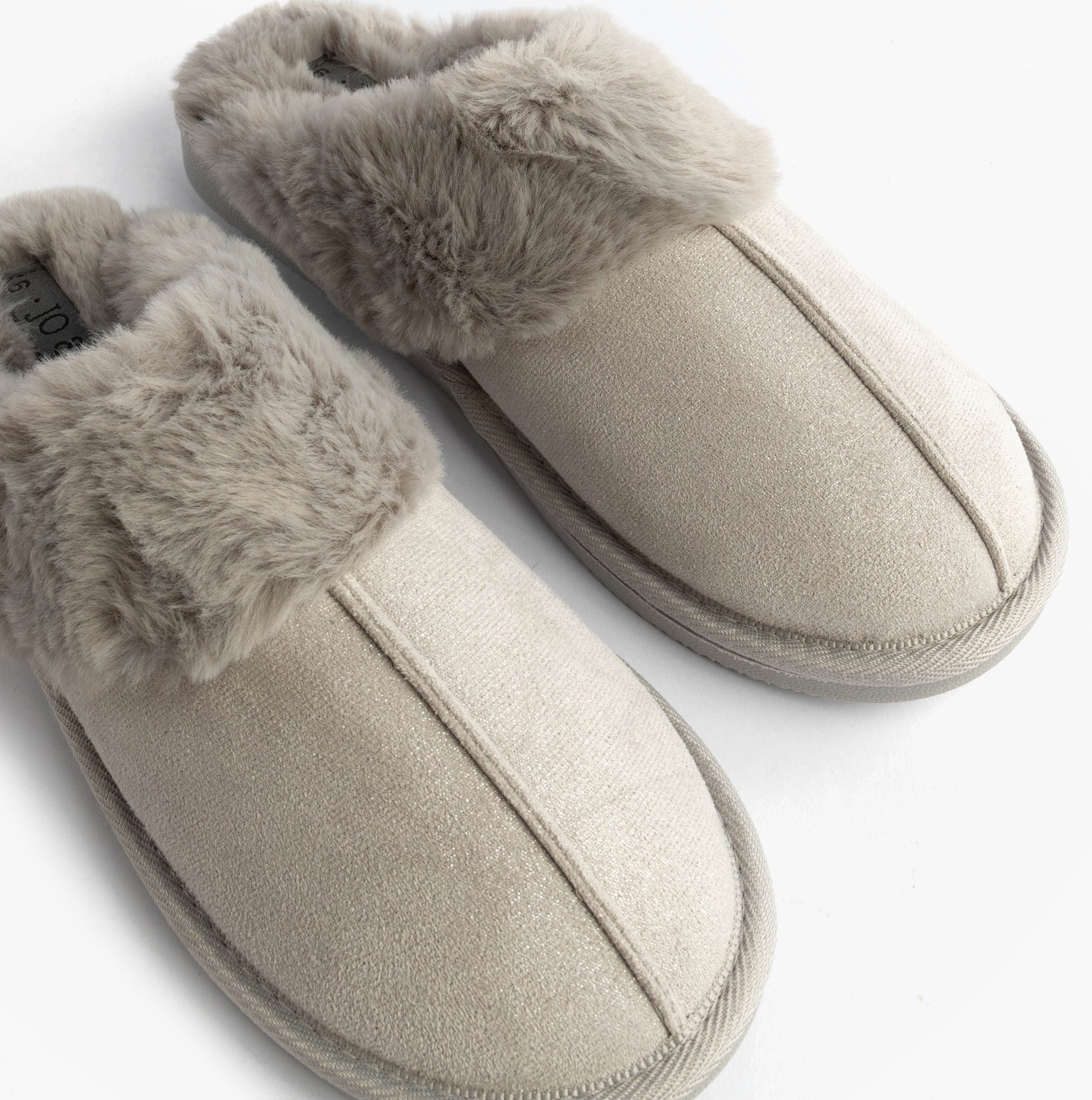 Jo & Joe GLIMMER Womens Mule Slippers Grey top view with plush lining and textile upper material.
