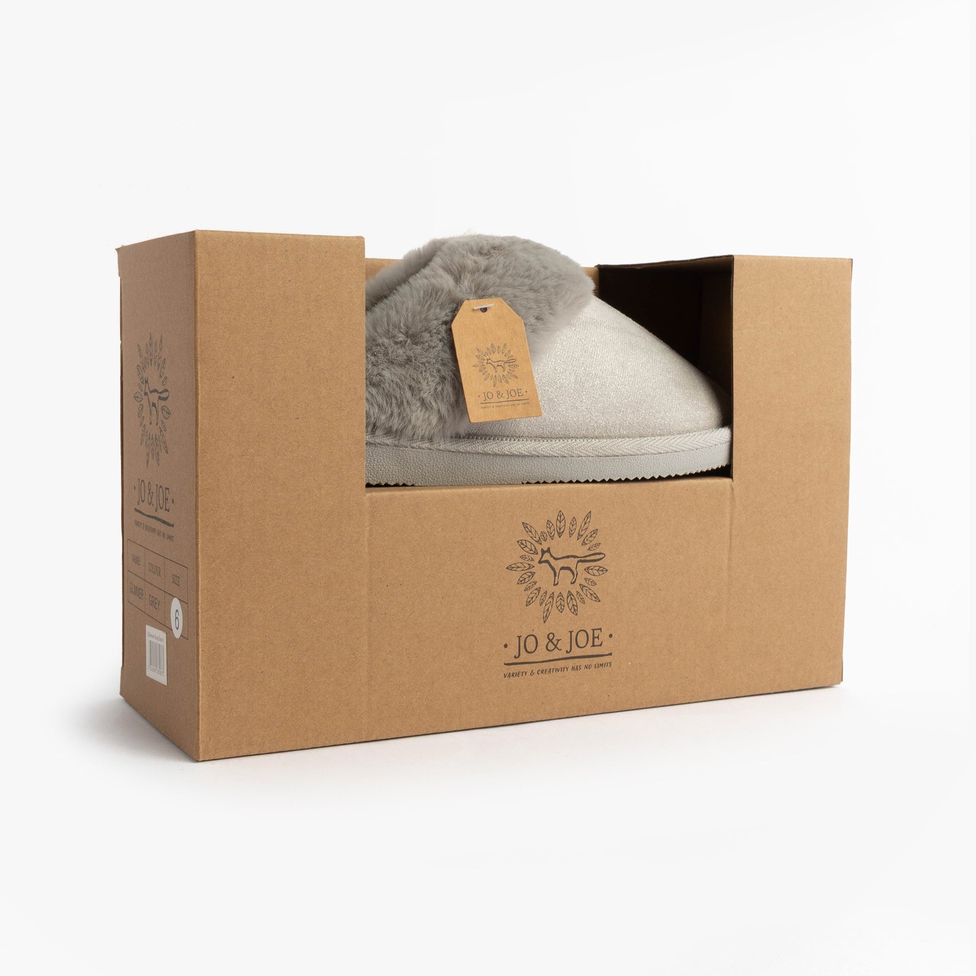 Jo & Joe GLIMMER Womens Mule Slippers Grey in gift box, showing the packaging and slipper at an angle.