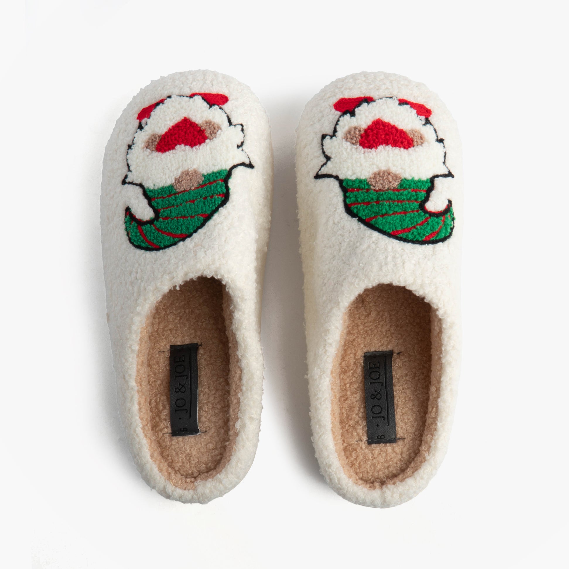 Jo & Joe GONK Womens Mule Slippers Cream top view of cozy festive slippers with Santa design
