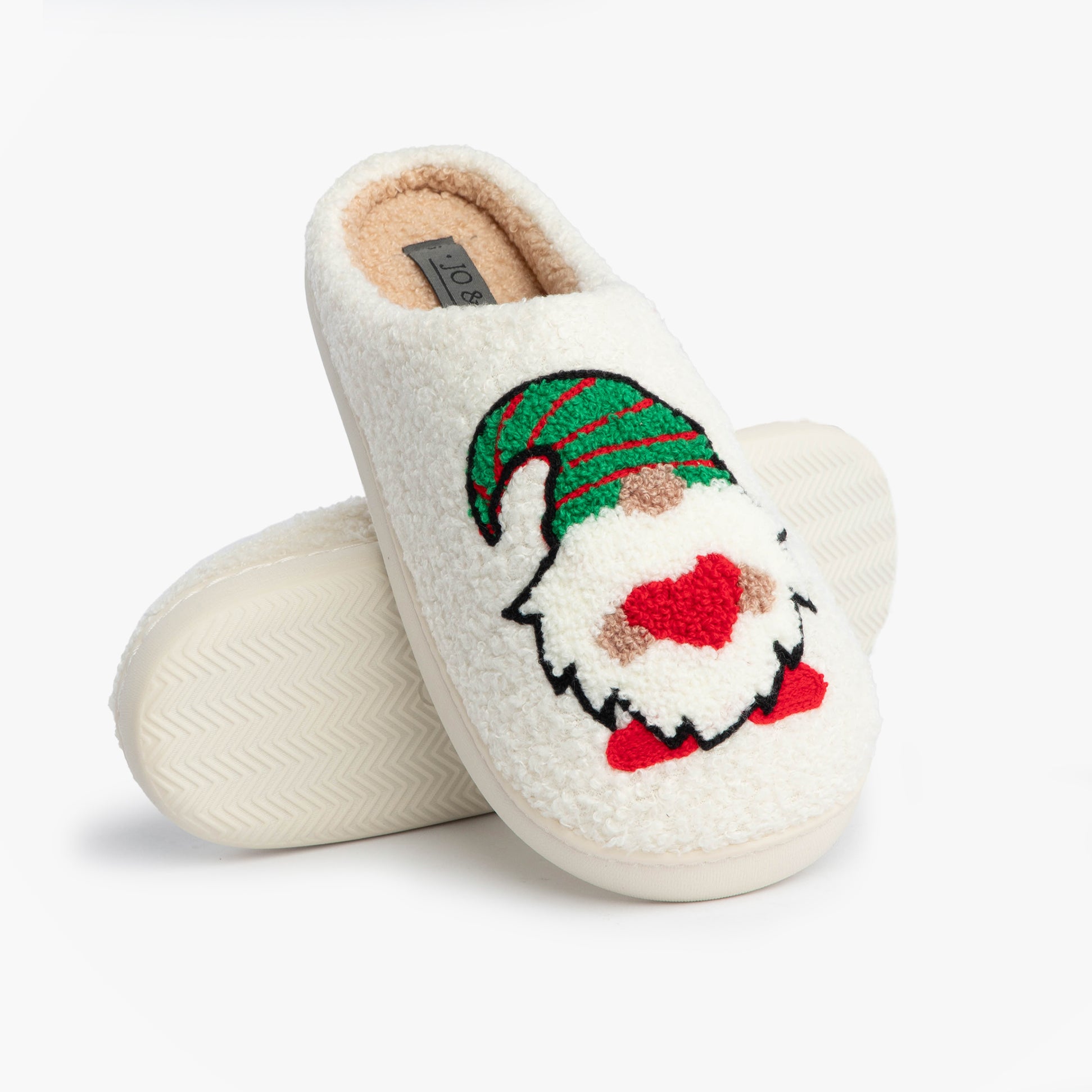 Jo & Joe GONK Womens Mule Slippers Cream side view with embroidered gnome design and soft textile upper.