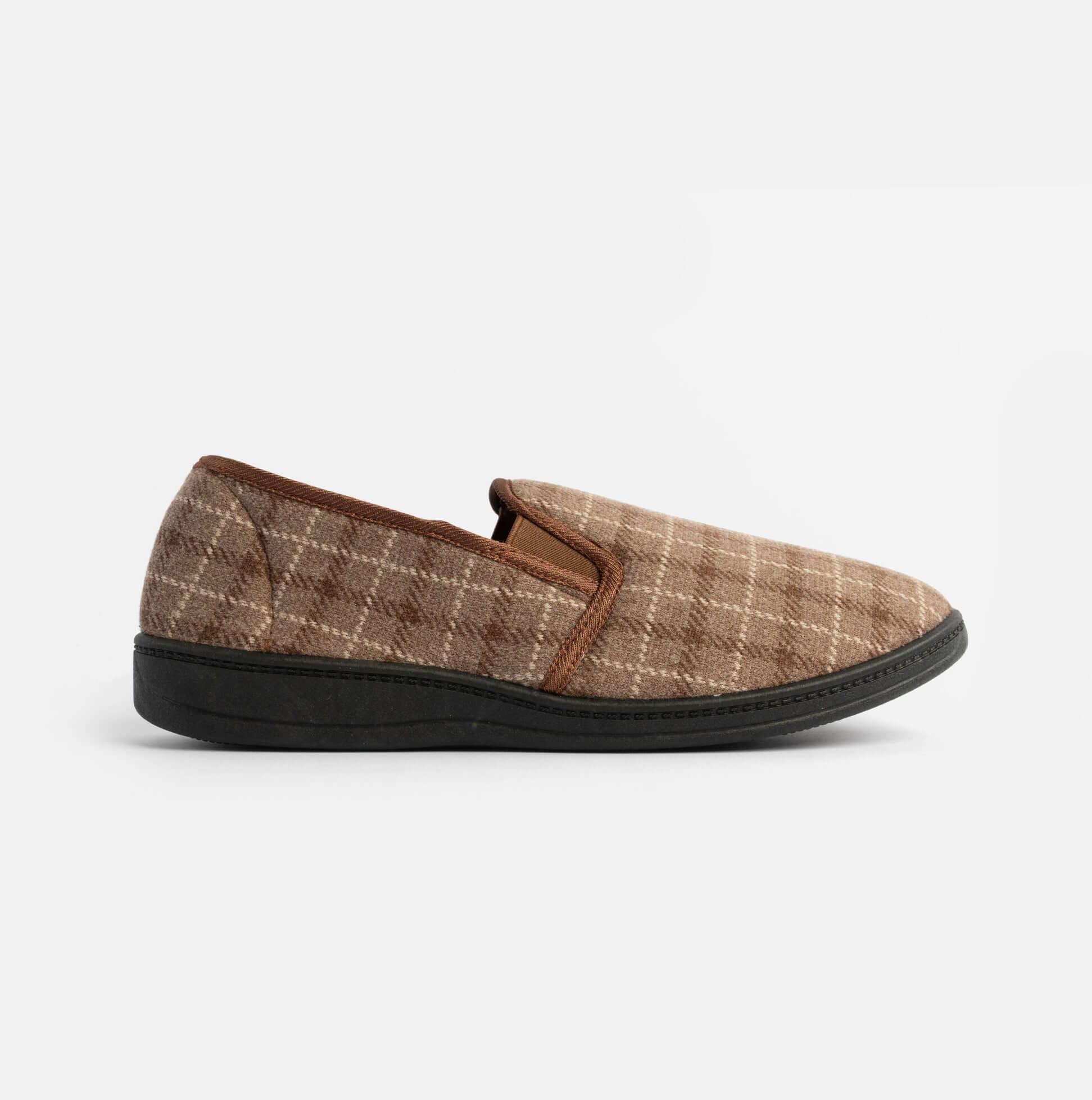 Jo & Joe GORDON Mens Full Slippers Checkered Brown side view showing fabric upper and round toe design.