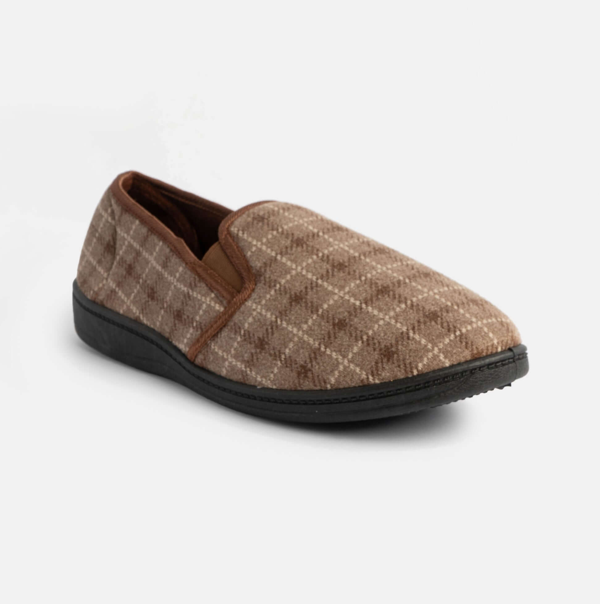 Jo & Joe GORDON Mens Full Slippers Checkered Brown side view showing fabric upper and pull-on design