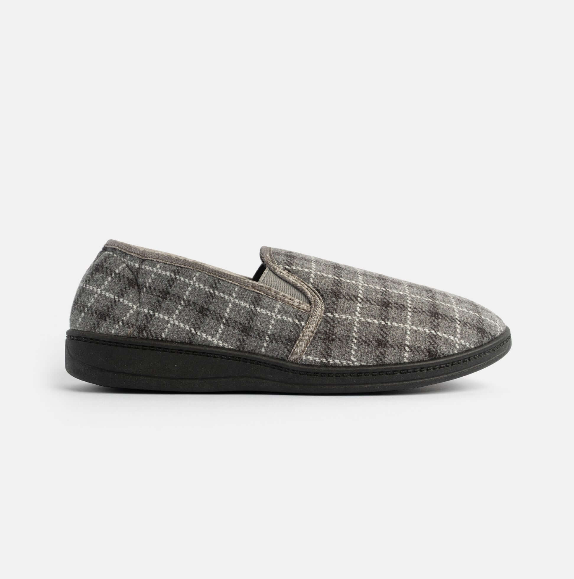 Jo & Joe GORDON Mens Full Slippers Checkered Grey side view showcasing soft fabric upper and cozy design.