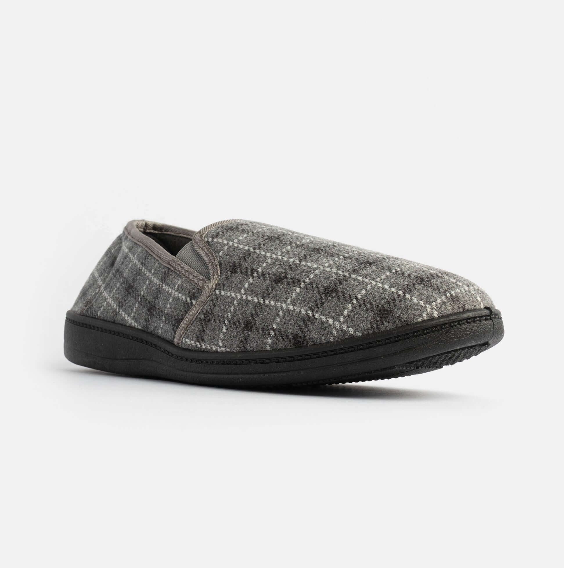 Jo & Joe GORDON Mens Full Slippers Checkered Grey side view showing fabric upper and memory foam detail.