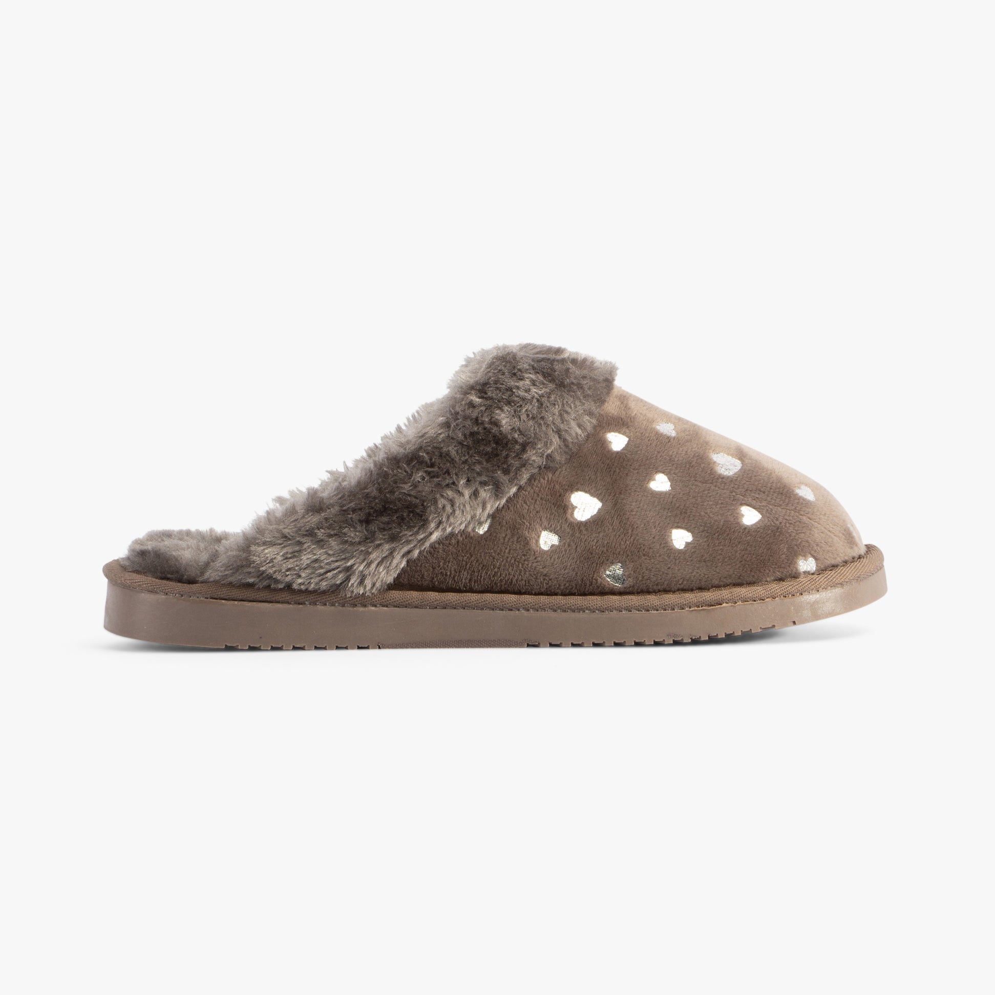 Jo & Joe GRETEL Womens Slippers Mink side view featuring heart patterns and faux fur lining.