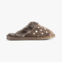 Jo & Joe GRETEL Womens Slippers Mink side view featuring heart patterns and faux fur lining.