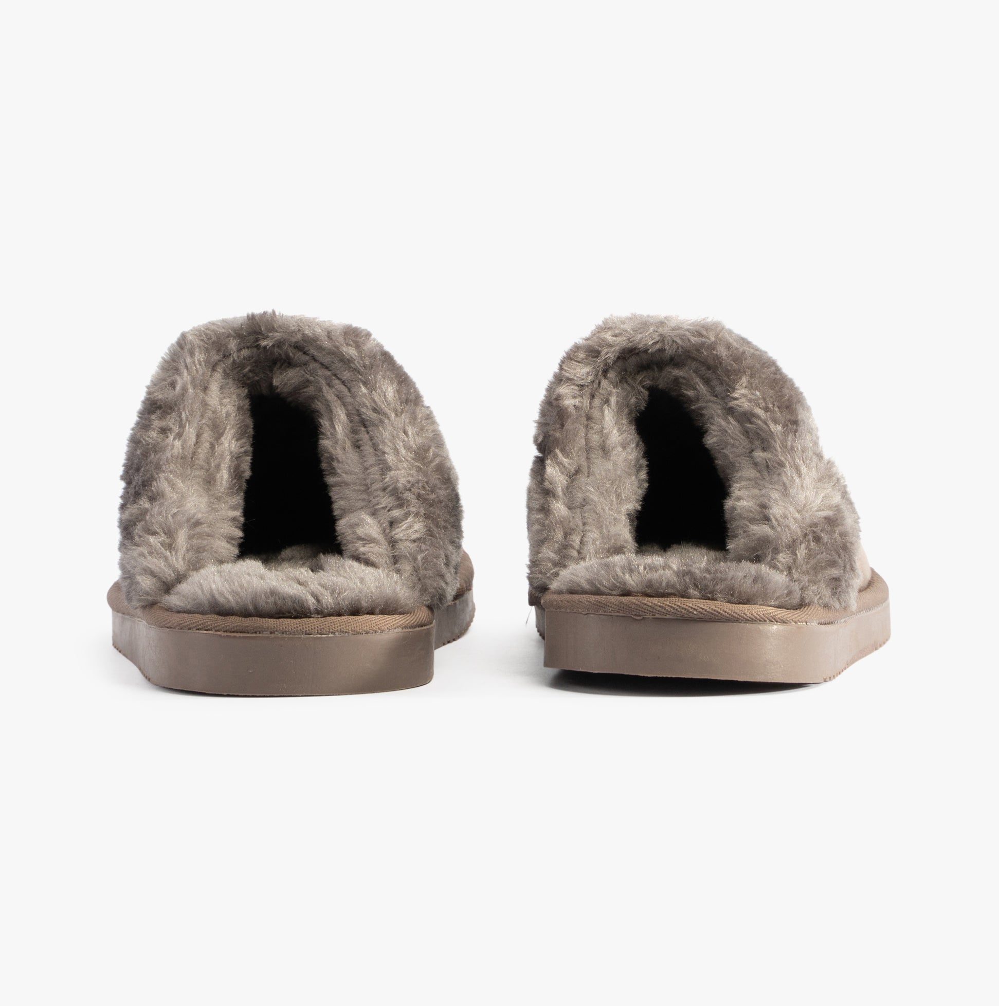 Jo & Joe GRETEL Womens Slippers Mink back view showcasing soft faux fur lining and flat rubber sole.