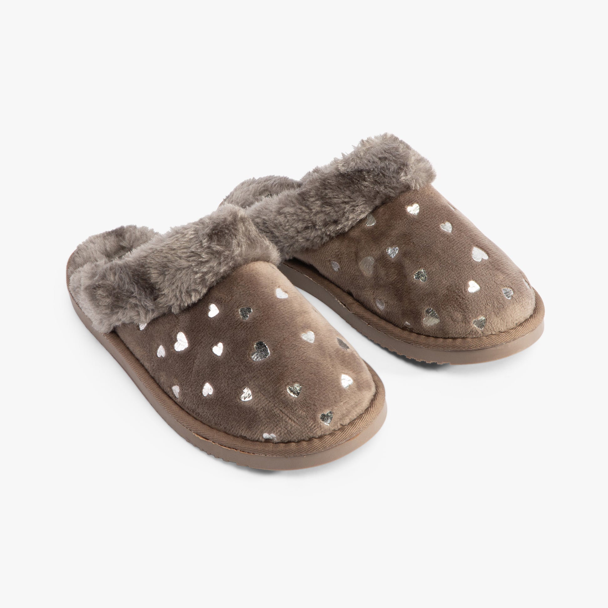 Jo & Joe GRETEL Womens Slippers Mink side view showing mules with faux fur lining and heart patterns.