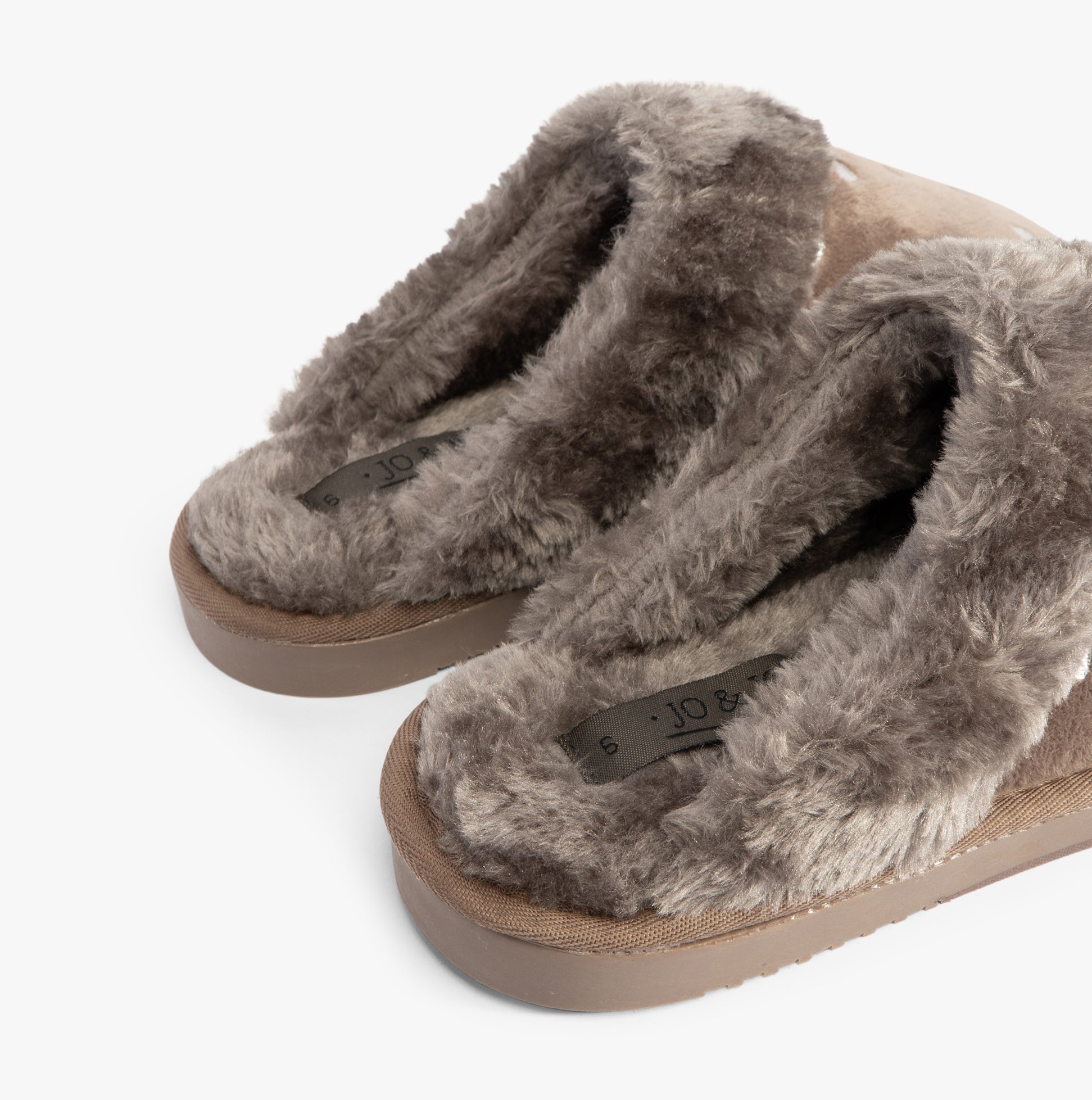 Jo & Joe GRETEL Womens Slippers Mink top view showcasing soft faux fur lining and slip-on mule design.