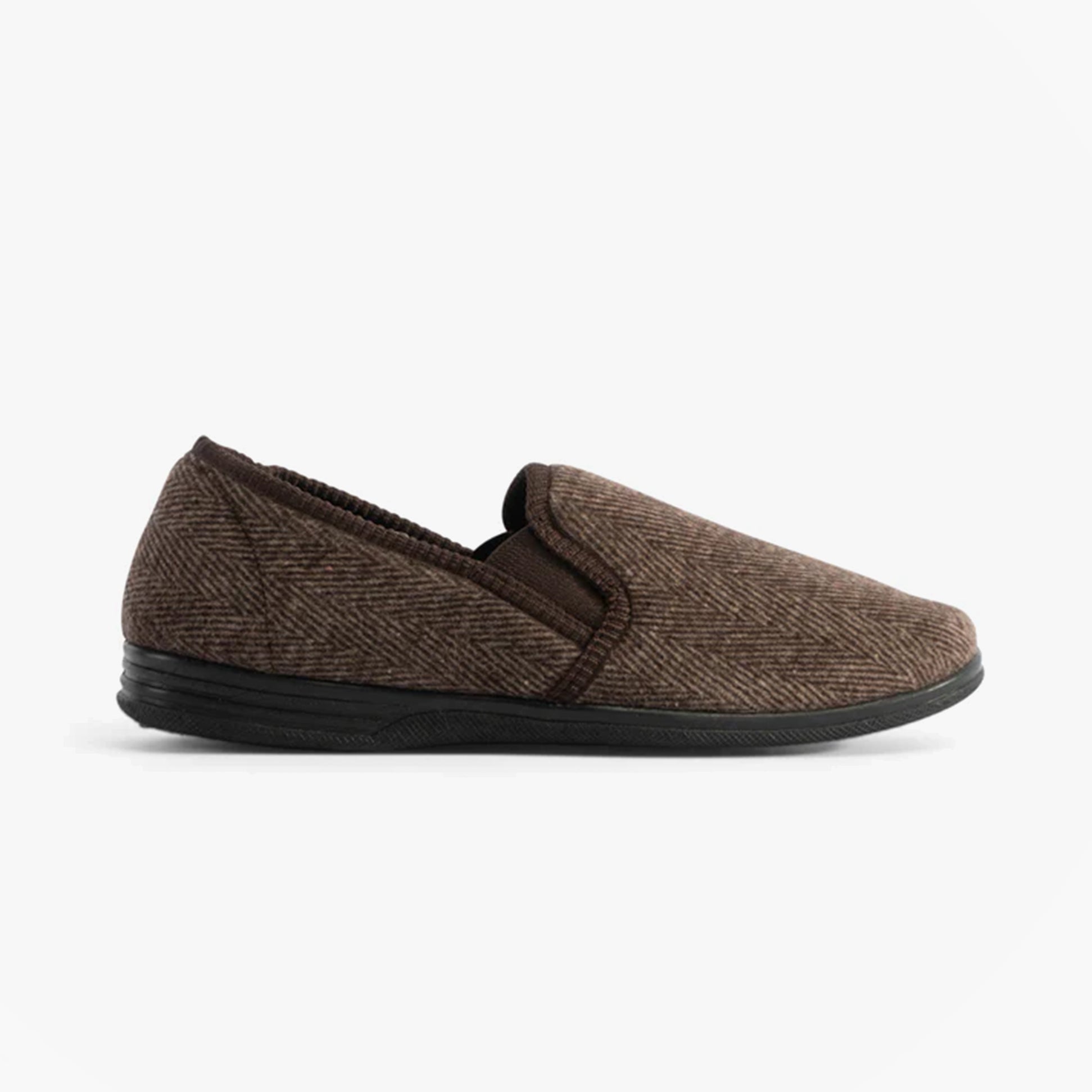 Jo & Joe HAIG Mens Slippers Brown side view of comfortable slip-on slippers made from textile with a rubber sole.