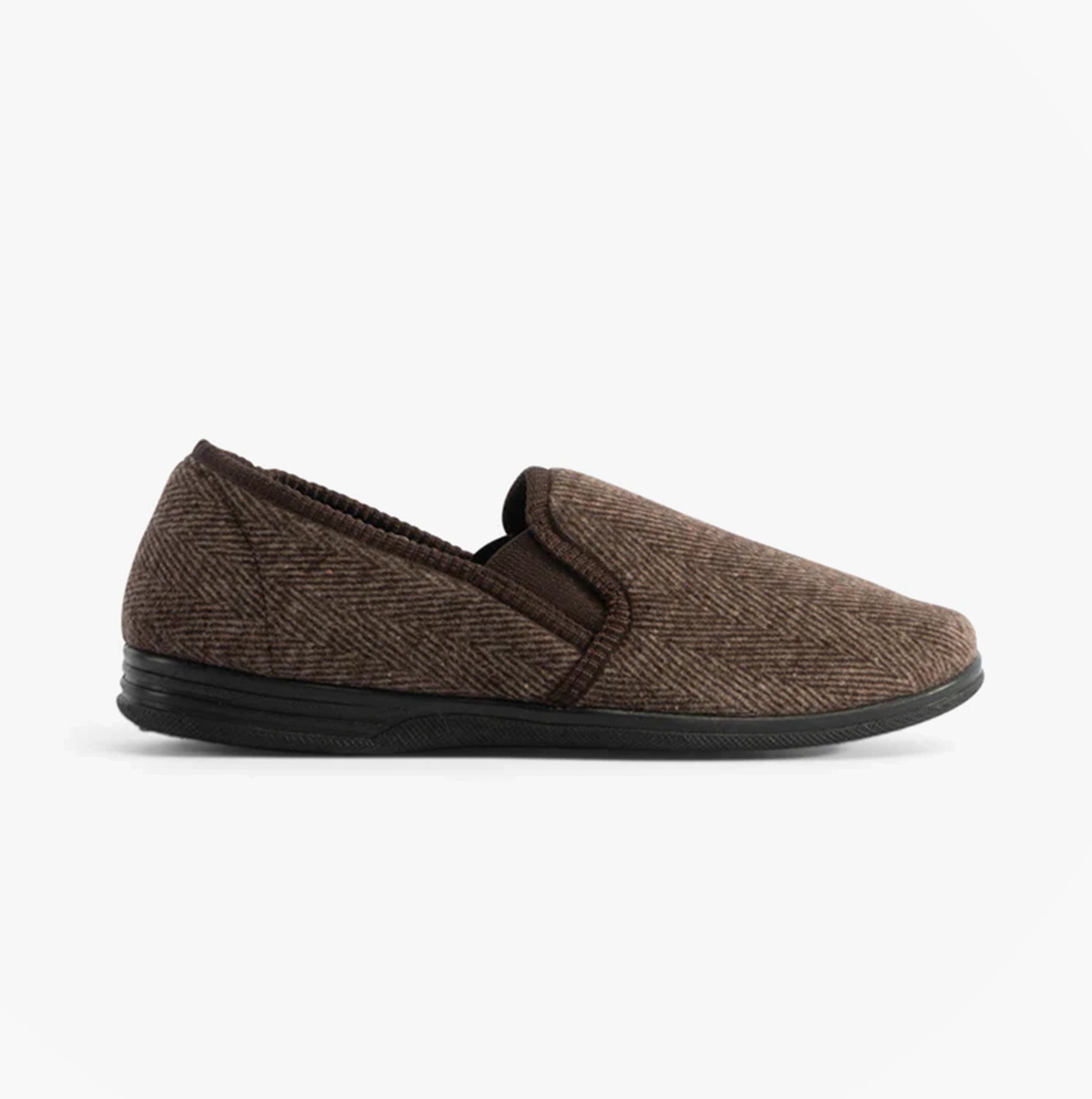 Jo & Joe HAIG Mens Slippers Brown side view of comfortable slip-on slippers made from textile with a rubber sole.
