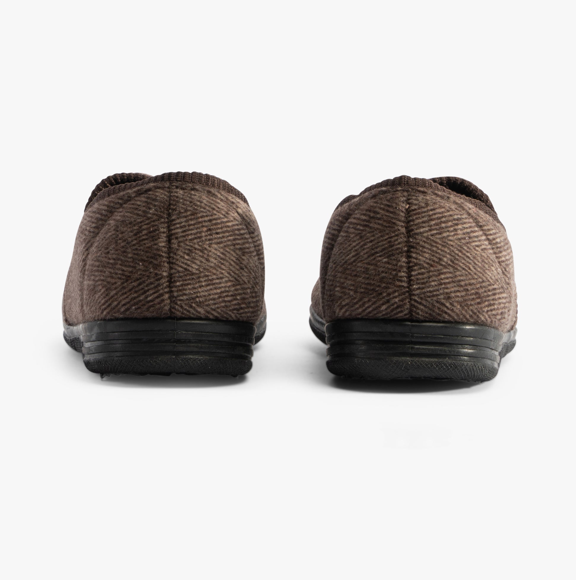 Jo & Joe HAIG Mens Slippers Brown back view, showing textile upper and rubber sole, perfect for comfort and casual wear.
