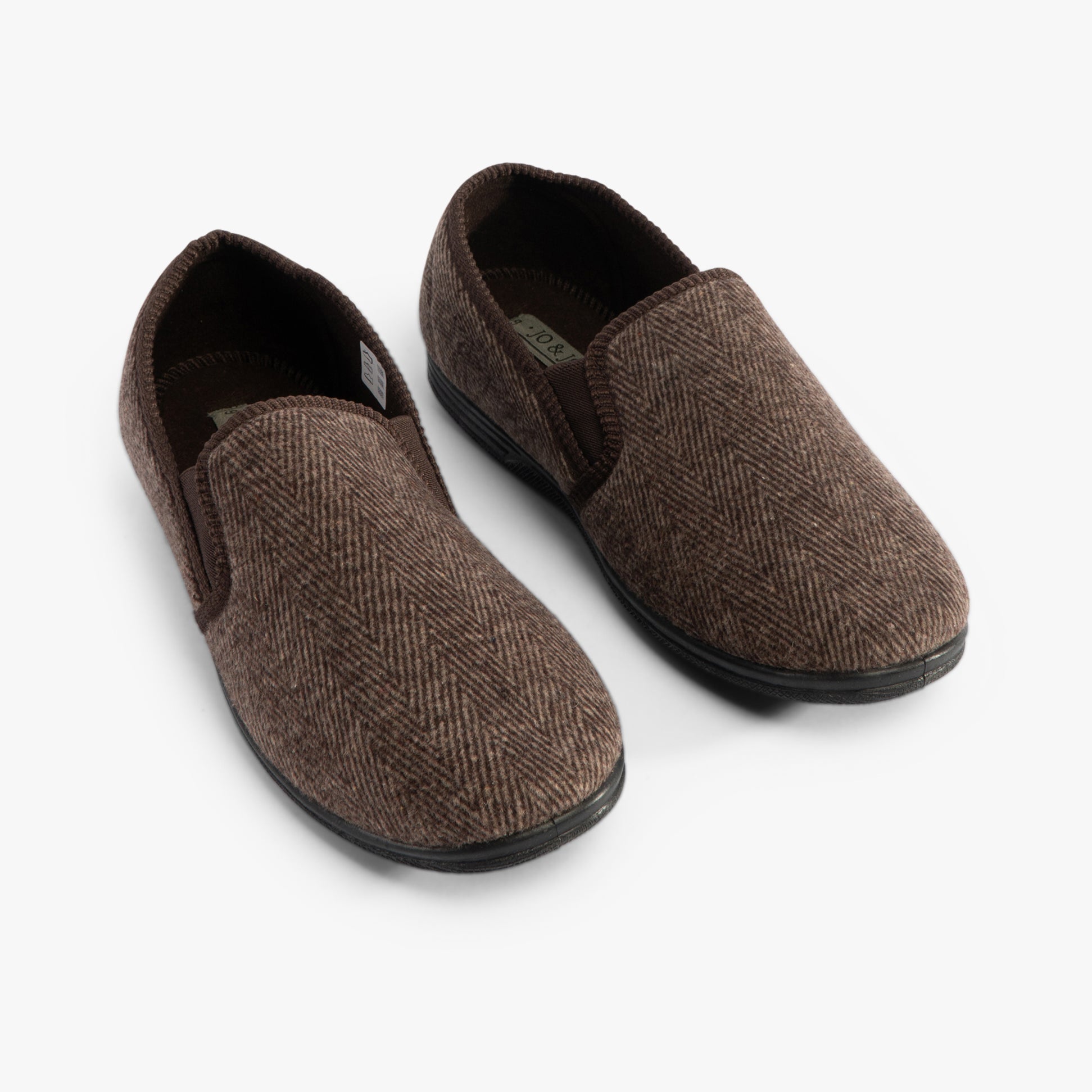 Jo & Joe HAIG Mens Slippers Brown, top view showing brown textile slip-on full slippers, featuring round toe and wide fit.