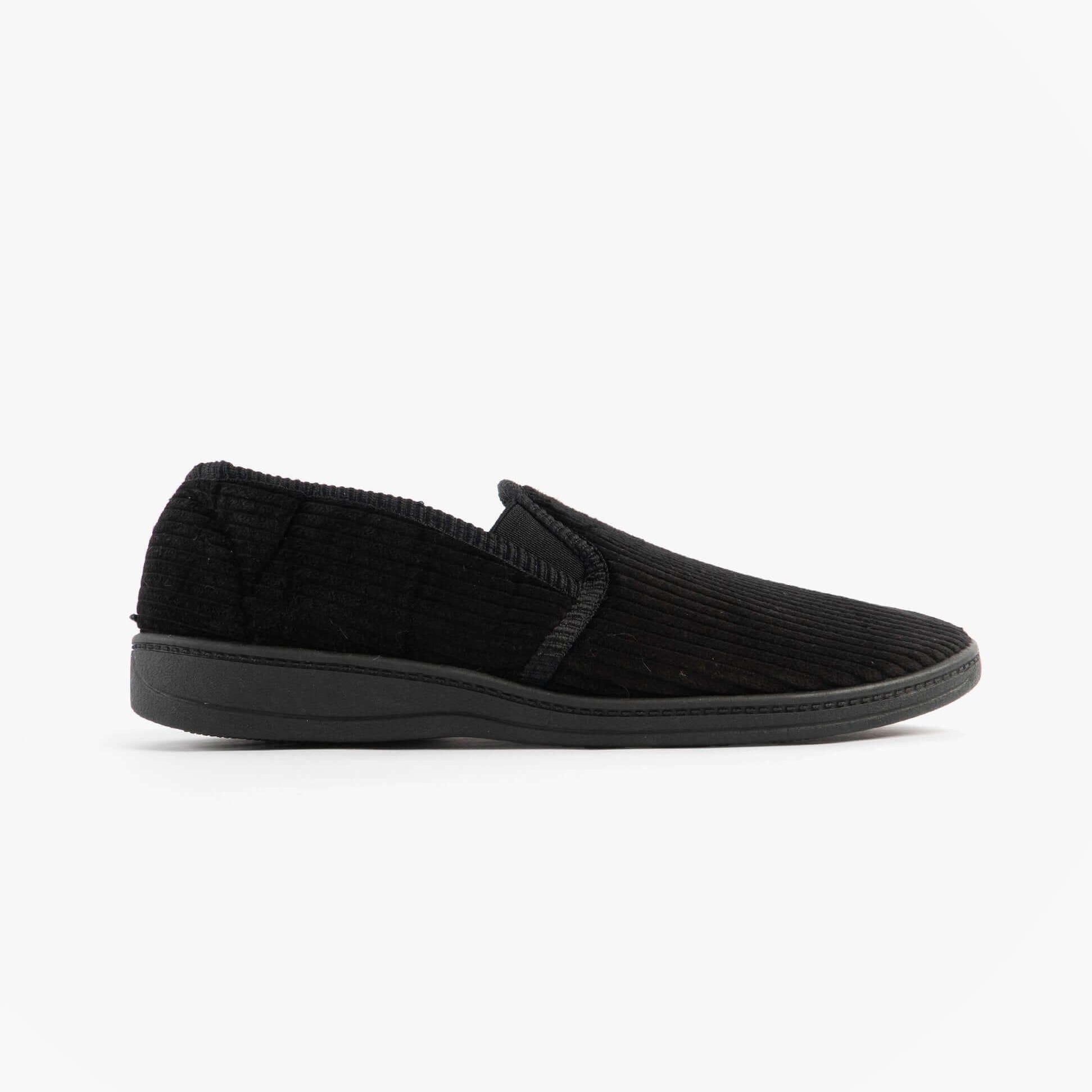 Jo & Joe HARRY Mens Full Slippers Black side view showing the textured upper and slip-on design.