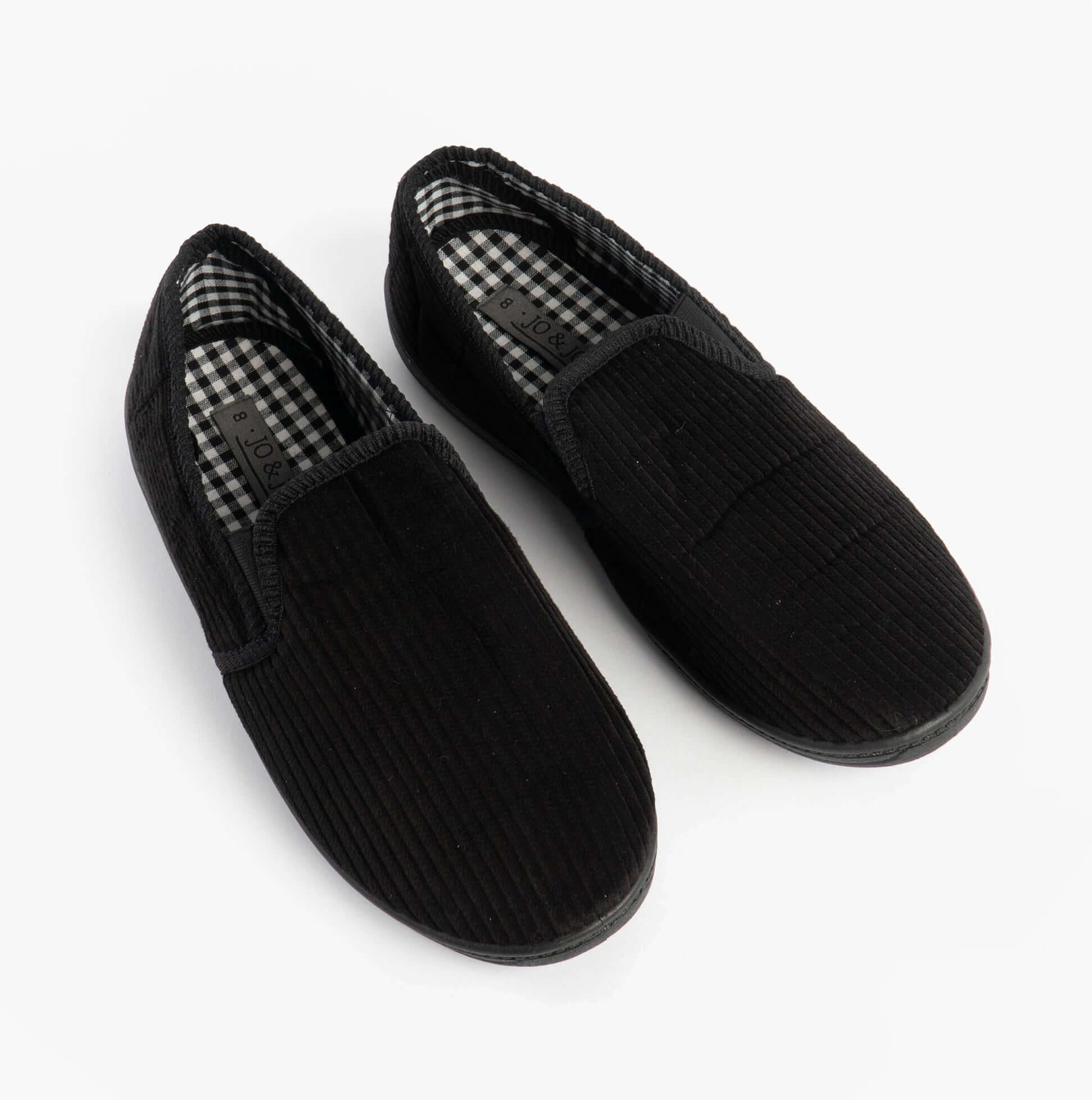 Jo & Joe HARRY Mens Full Slippers Black, side view showing textile upper and slip-on design, comfortable rubber sole.