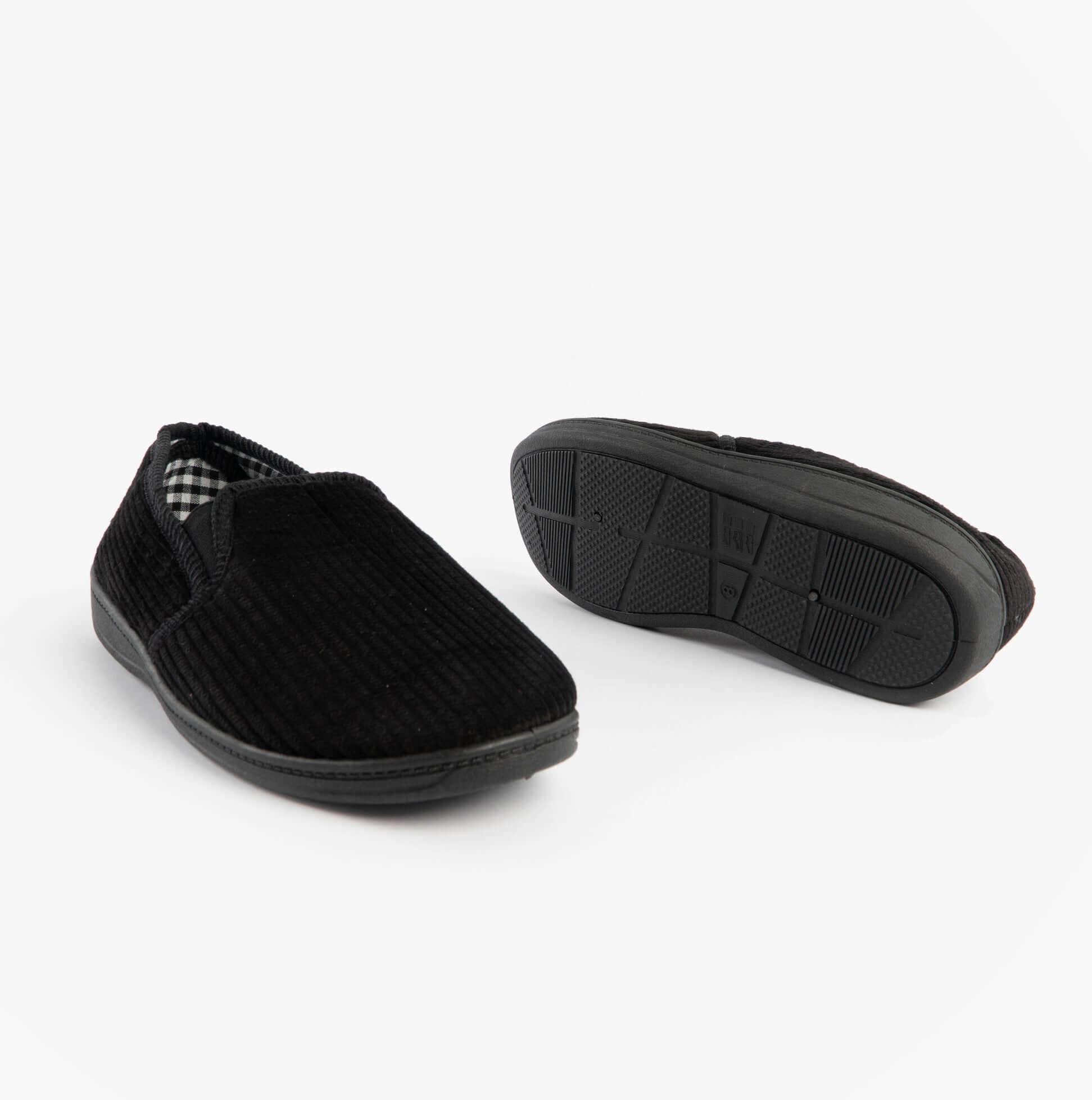 Jo & Joe HARRY Mens Full Slippers Black side view and detail view showing texture and sole