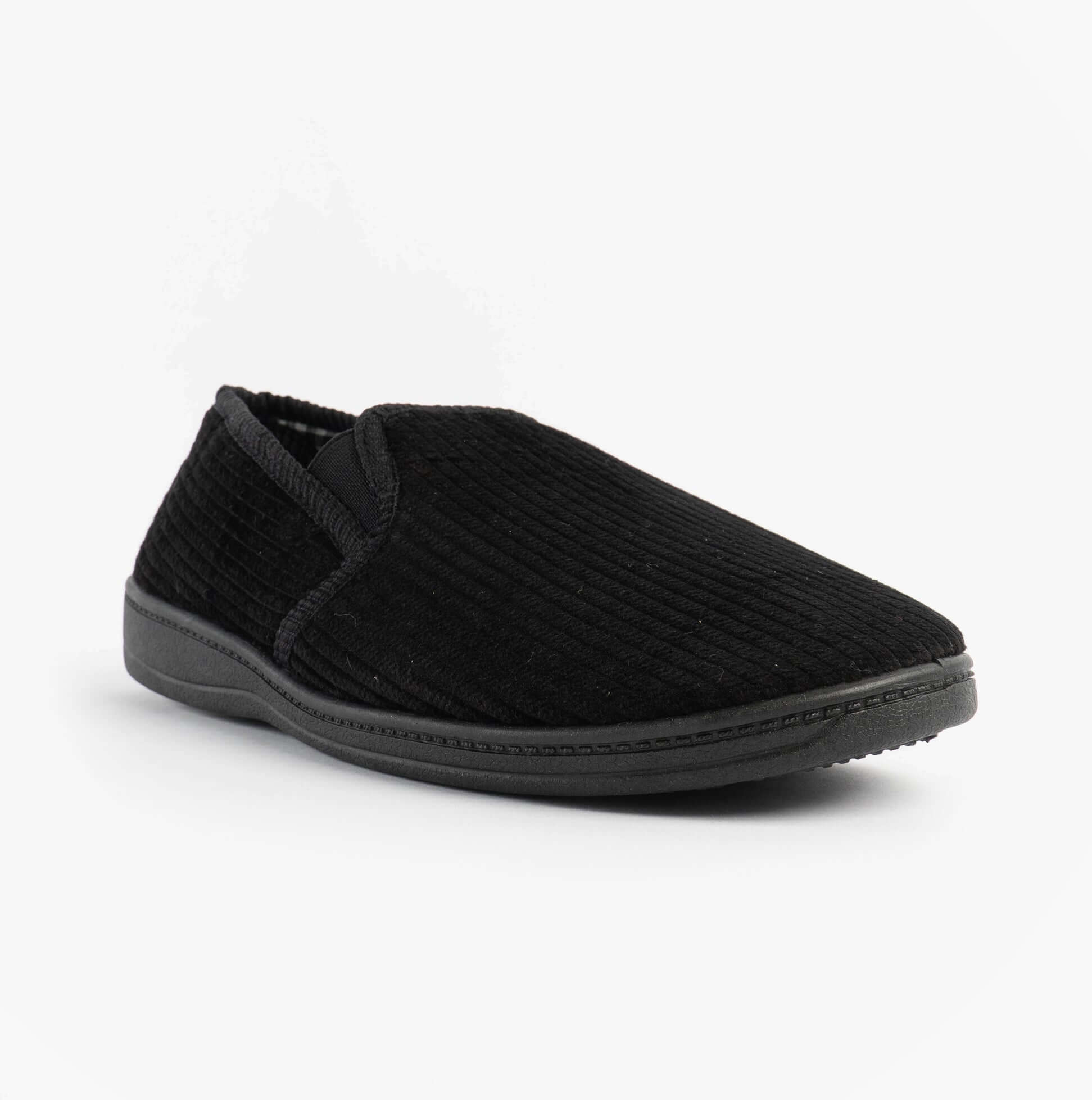 Jo & Joe HARRY Mens Full Slippers Black side view showing textile upper and rubber sole.