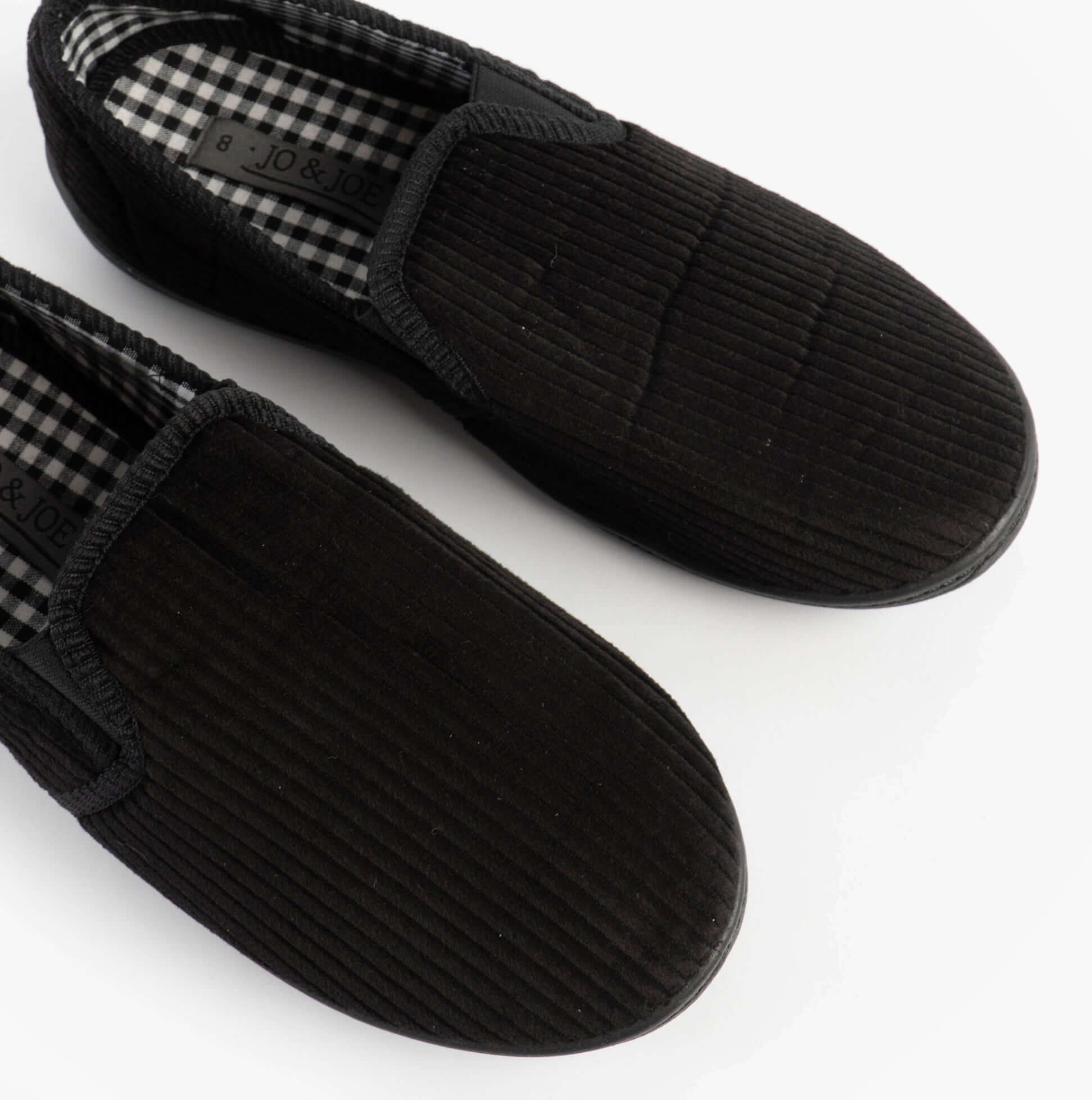 Jo & Joe HARRY Mens Full Slippers Black top view featuring textured textile upper and slip-on design.