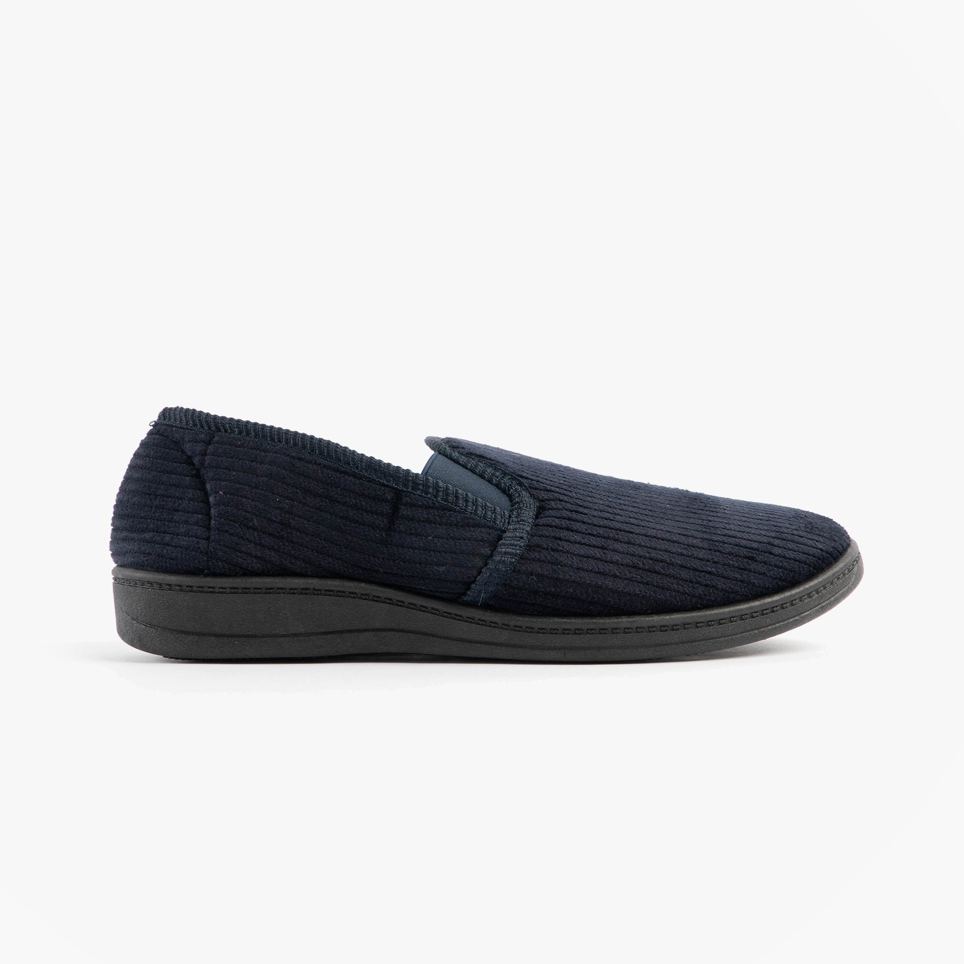 Jo & Joe HARRY Mens Full Slippers Navy side view showcasing slip-on design with flat rubber sole.