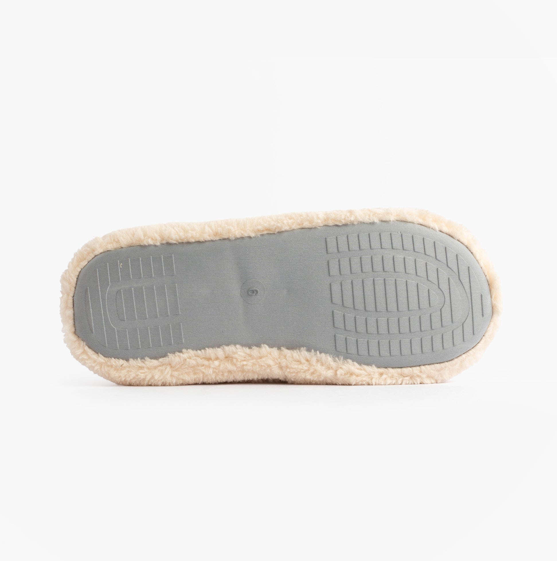 Jo & Joe HATTIE Womens Full Slippers Beige bottom view showing synthetic sole and fuzzy upper for comfort.