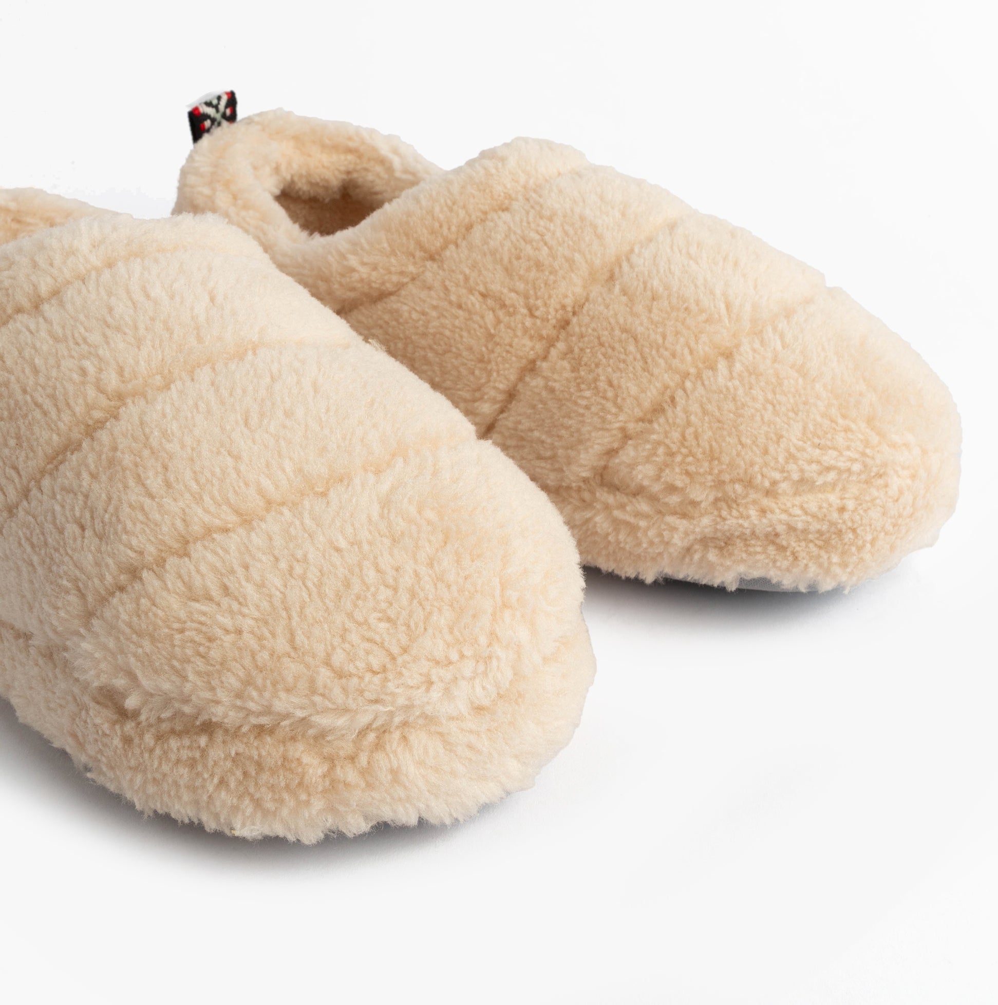 Jo & Joe HATTIE Womens Full Slippers Beige side view, soft textile upper, round toe shape, comfort and warm lining.