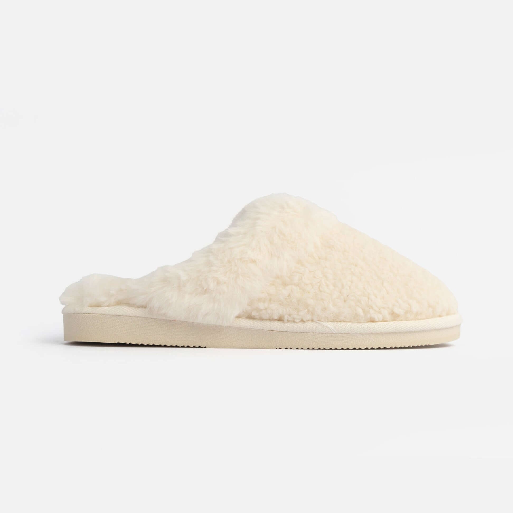 Jo & Joe HELGA Womens Mule Faux Fur Slippers Cream side view showing soft faux fur upper and slip-on design.