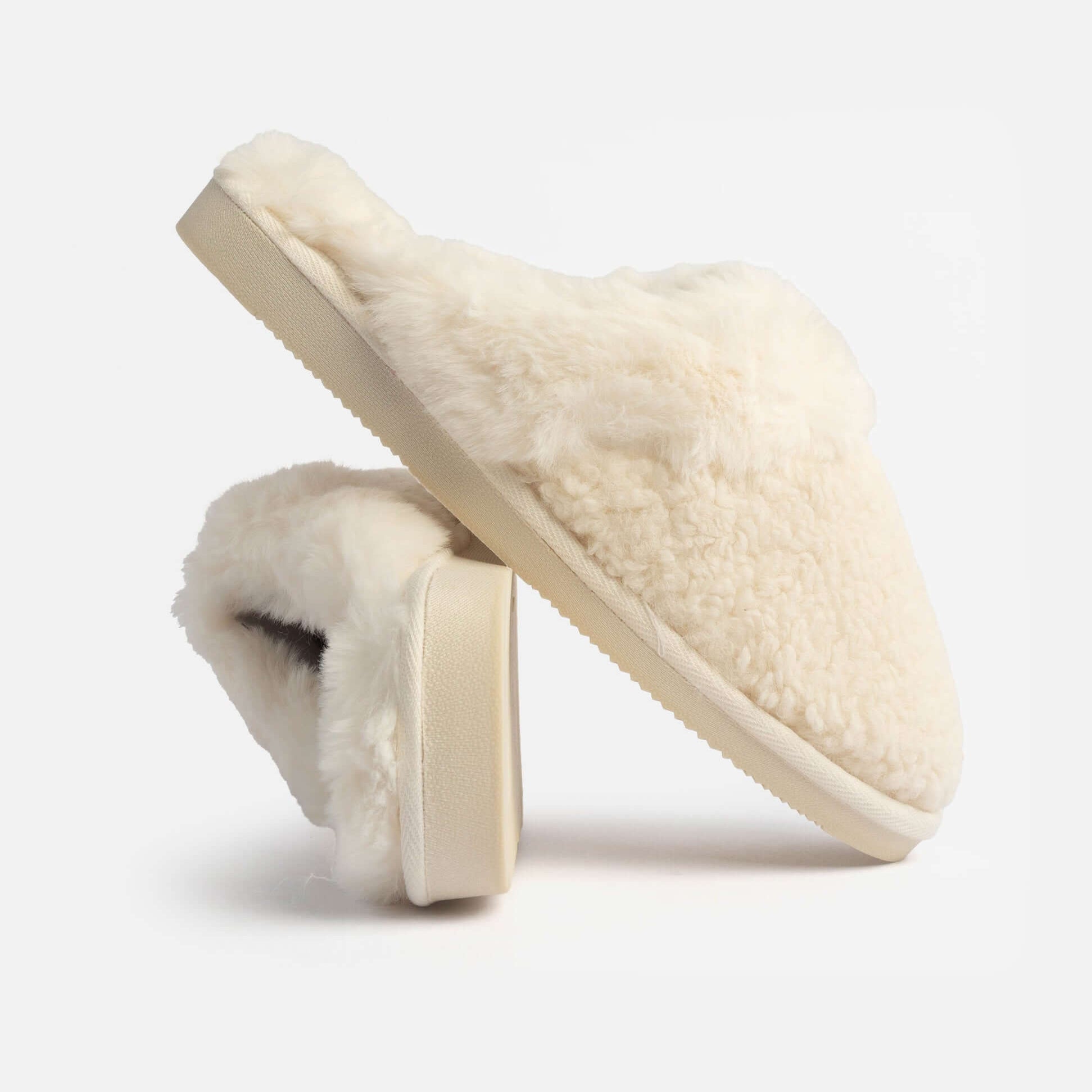Jo & Joe HELGA Womens Mule Faux Fur Slippers Cream side view showcasing soft faux fur lining and comfortable design.
