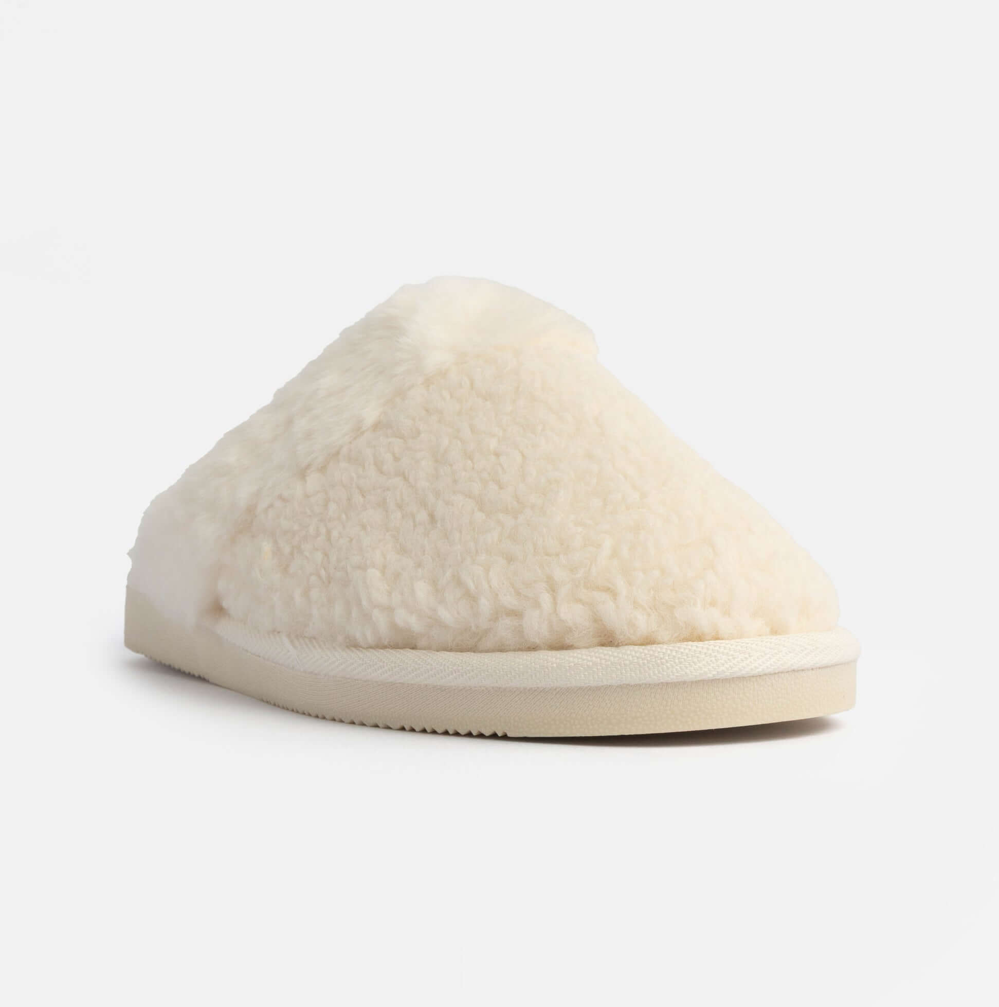 Jo & Joe HELGA Womens Mule Faux Fur Slippers Cream side view showcasing soft fabric and warm lining.