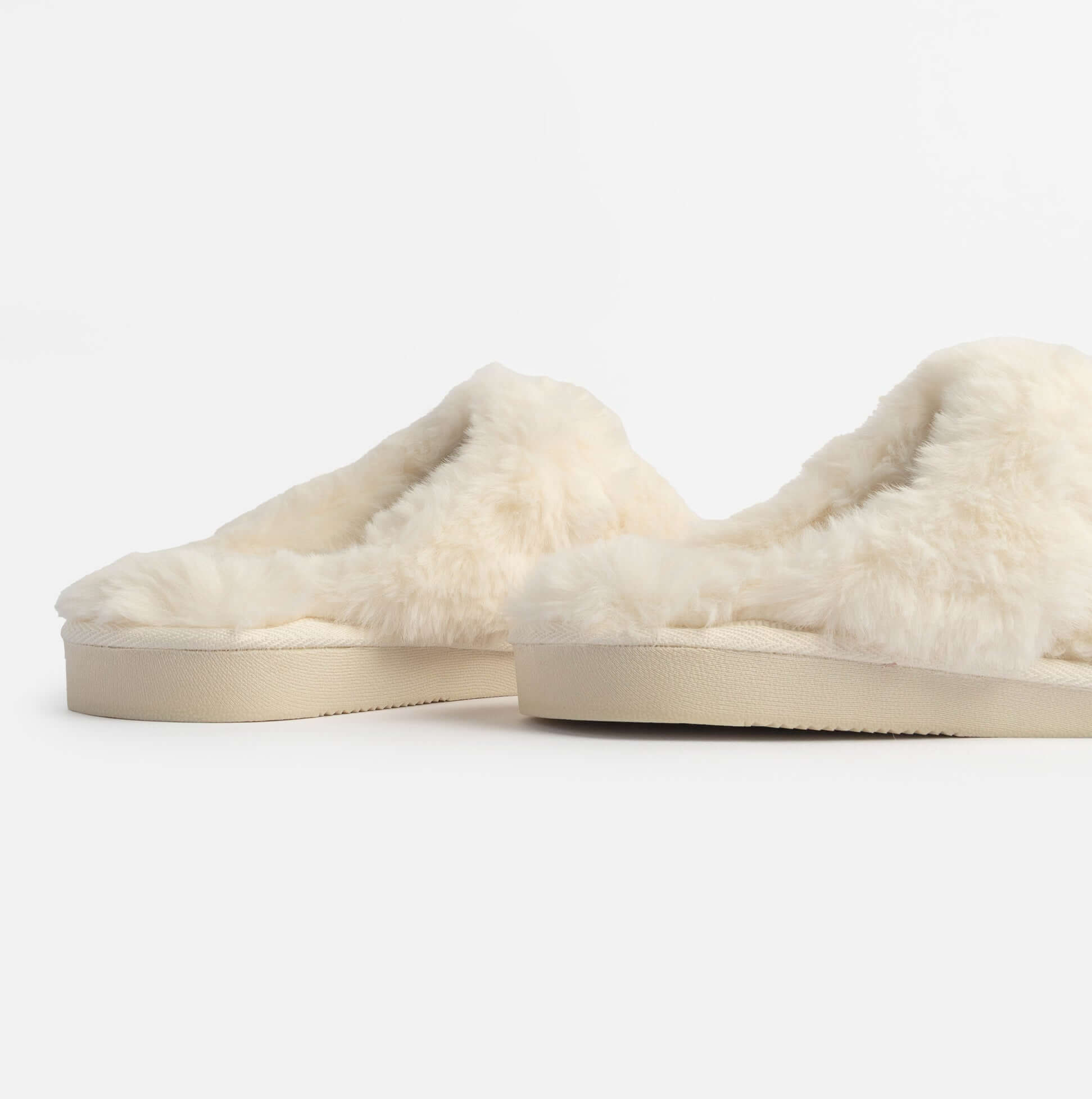 Jo & Joe HELGA Womens Mule Faux Fur Slippers Cream side view showcasing soft faux fur and slip-on design