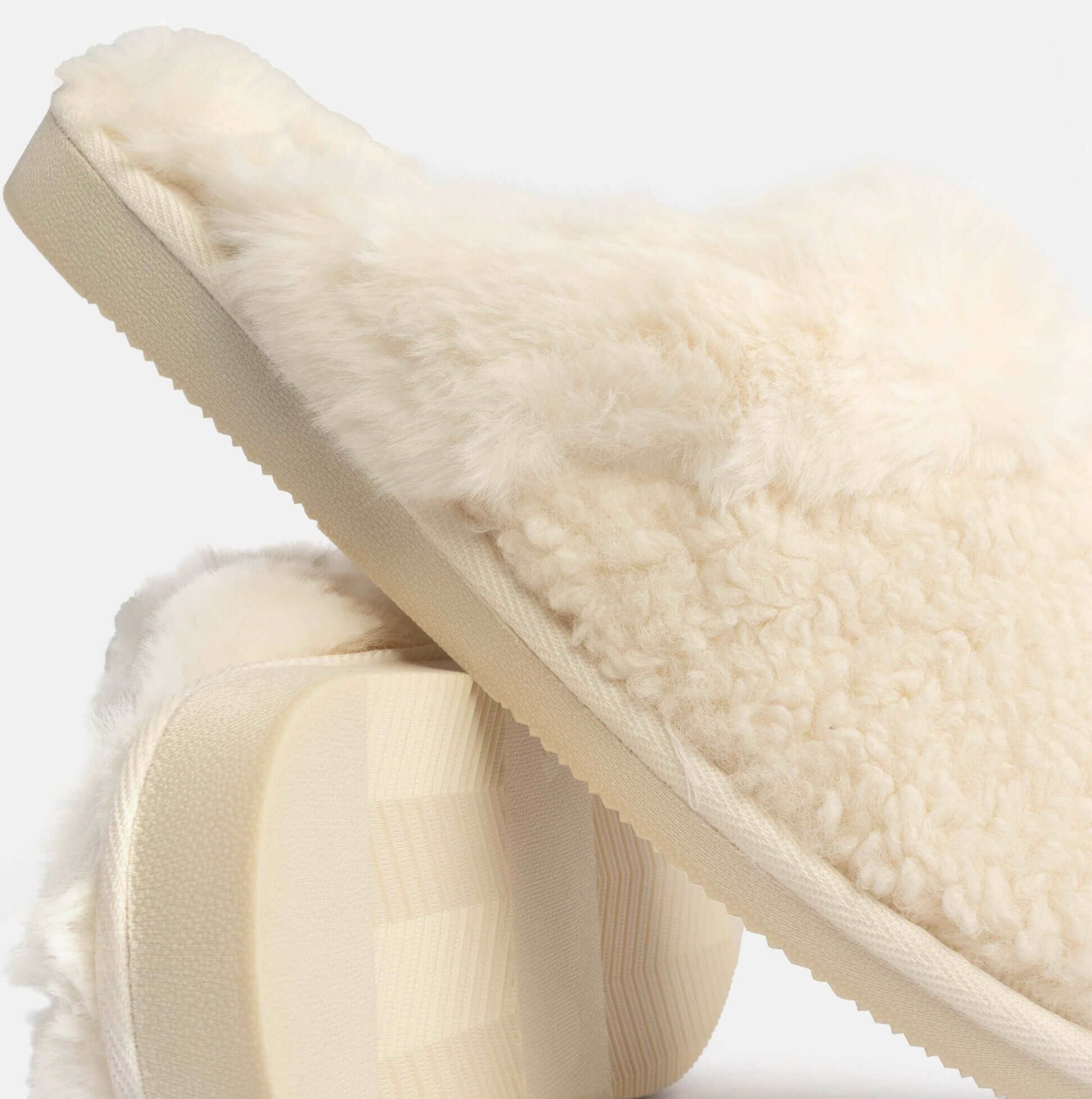 Jo & Joe HELGA Womens Mule Faux Fur Slippers Cream side view showing soft faux fur and EVA sole detail.