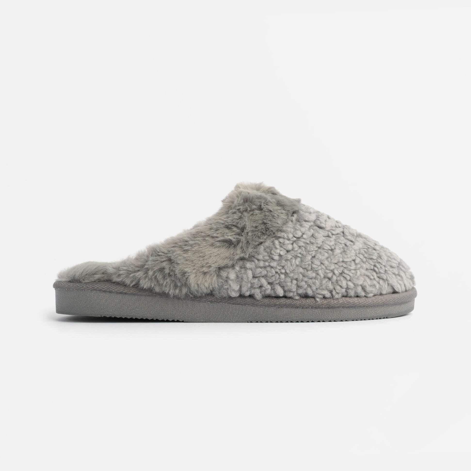 Jo & Joe HELGA Womens Mule Faux Fur Slippers Grey side view showing soft fur texture and comfortable design.