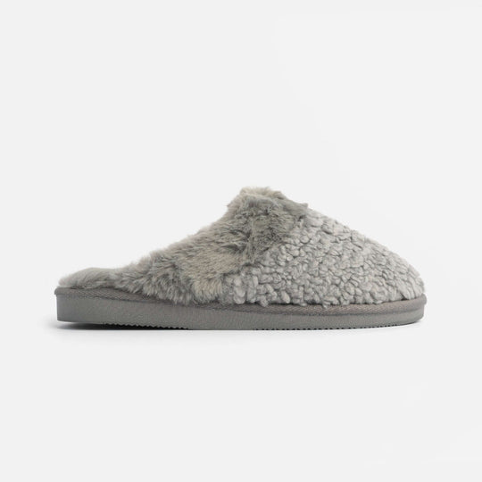 Jo & Joe HELGA Womens Mule Faux Fur Slippers Grey side view showing soft fur texture and comfortable design.