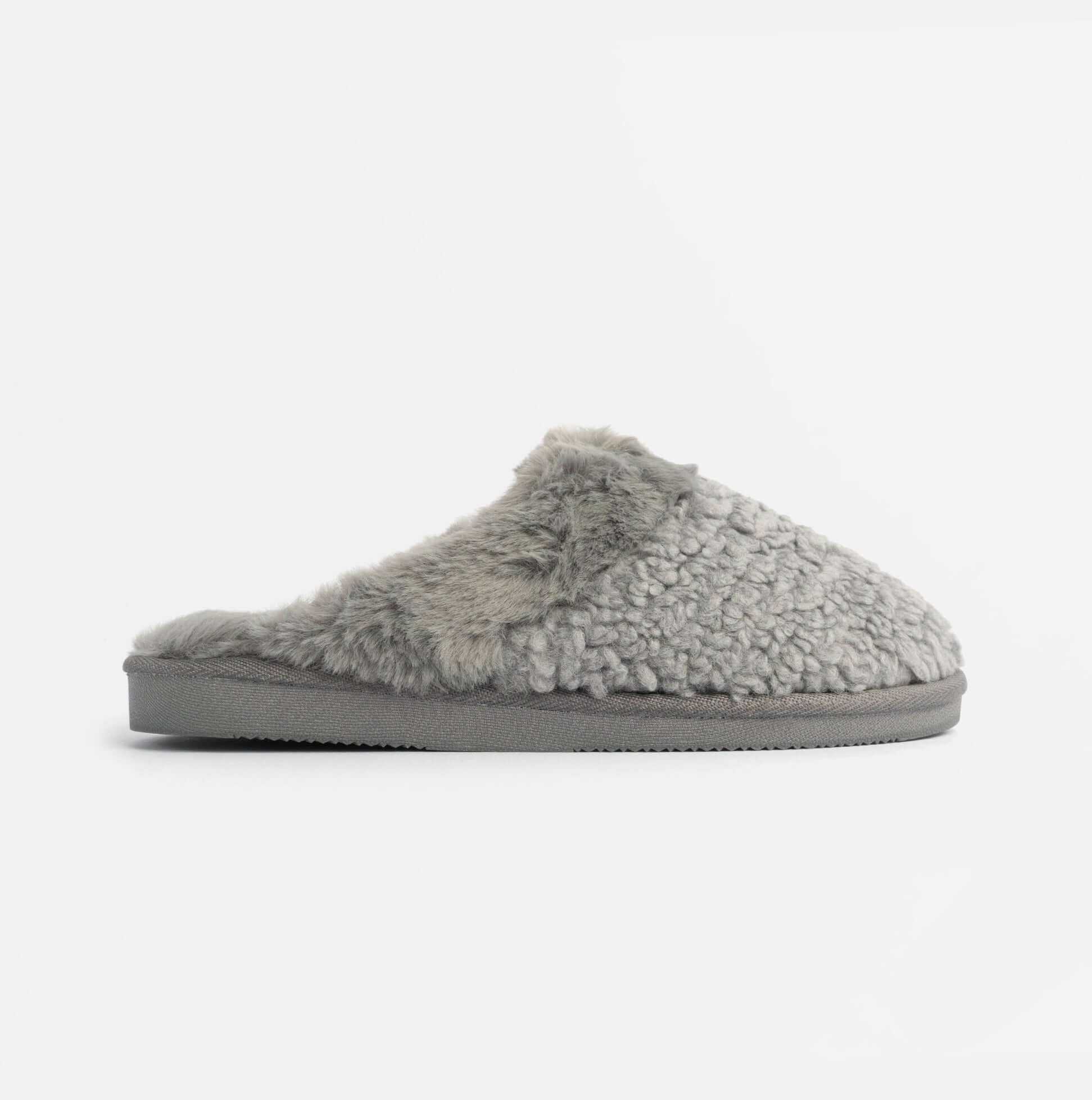 Jo & Joe HELGA Womens Mule Faux Fur Slippers Grey side view showing soft fur texture and comfortable design.
