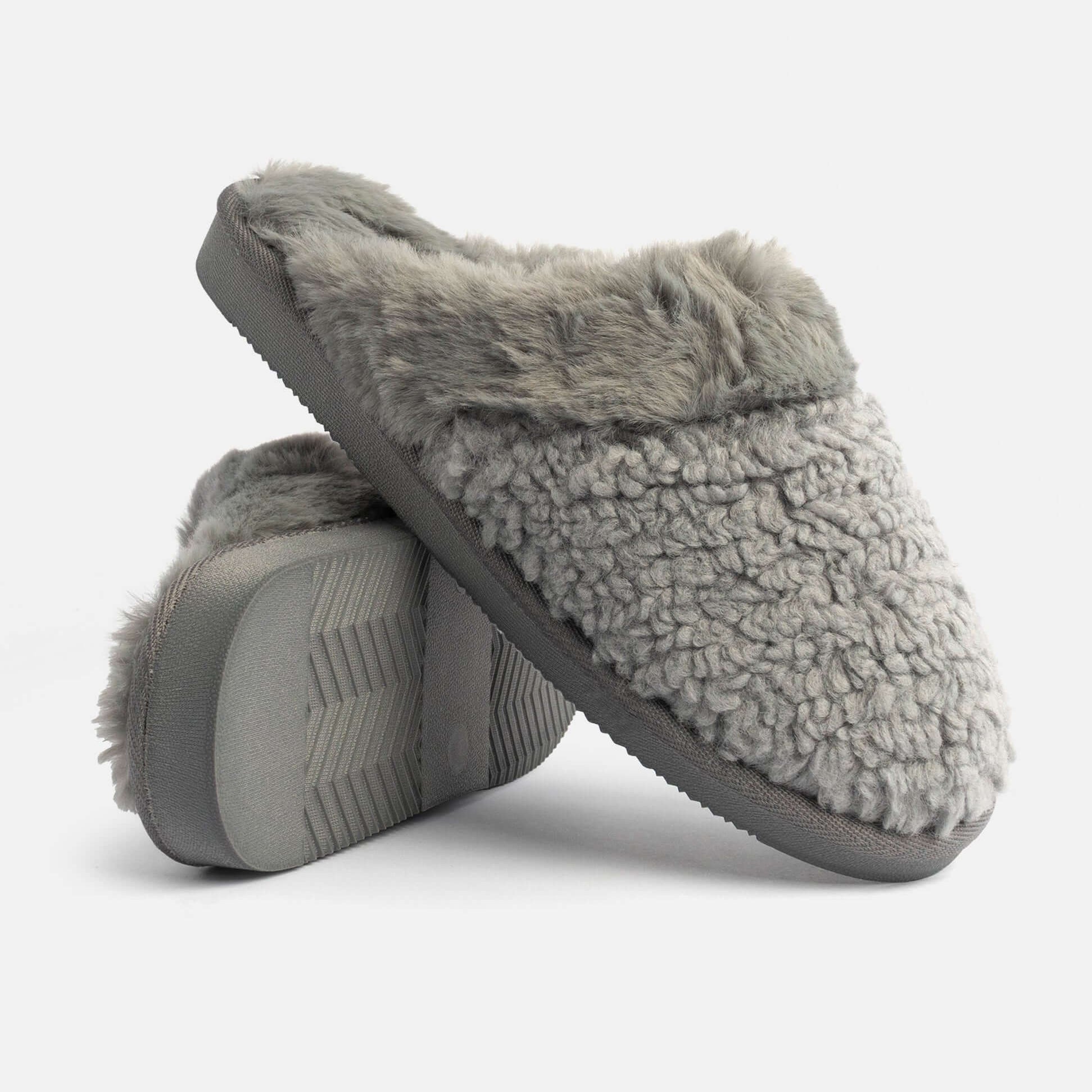 Jo & Joe HELGA Womens Mule Faux Fur Slippers Grey side view showing cozy faux fur textures and flexible soles