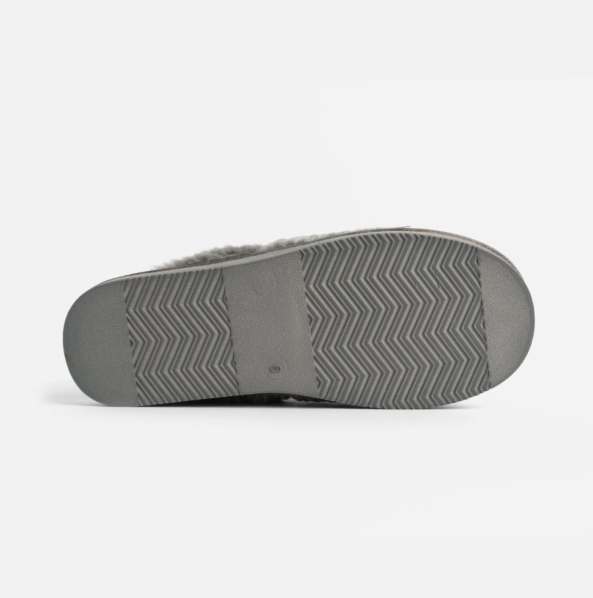 Jo & Joe HELGA Womens Mule Faux Fur Slippers Grey base view showing rubber sole with herringbone pattern