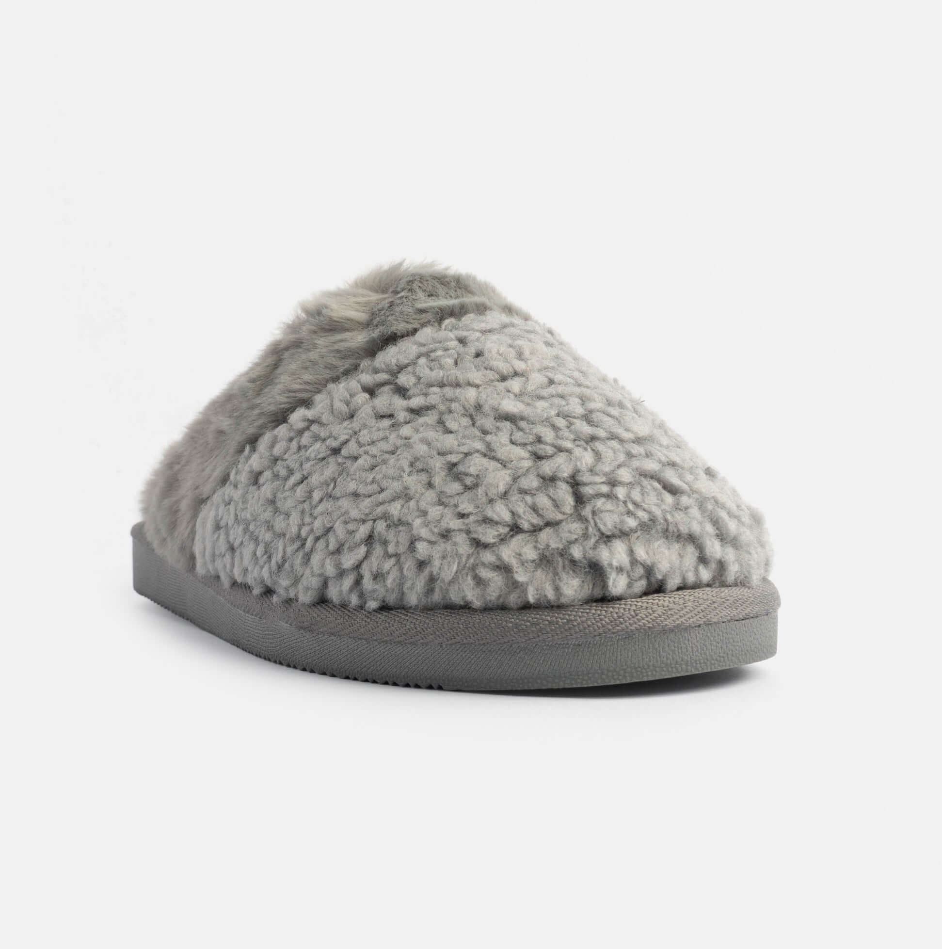 Jo & Joe HELGA Womens Mule Faux Fur Slippers Grey side view showing the plush grey upper and soft faux fur lining.