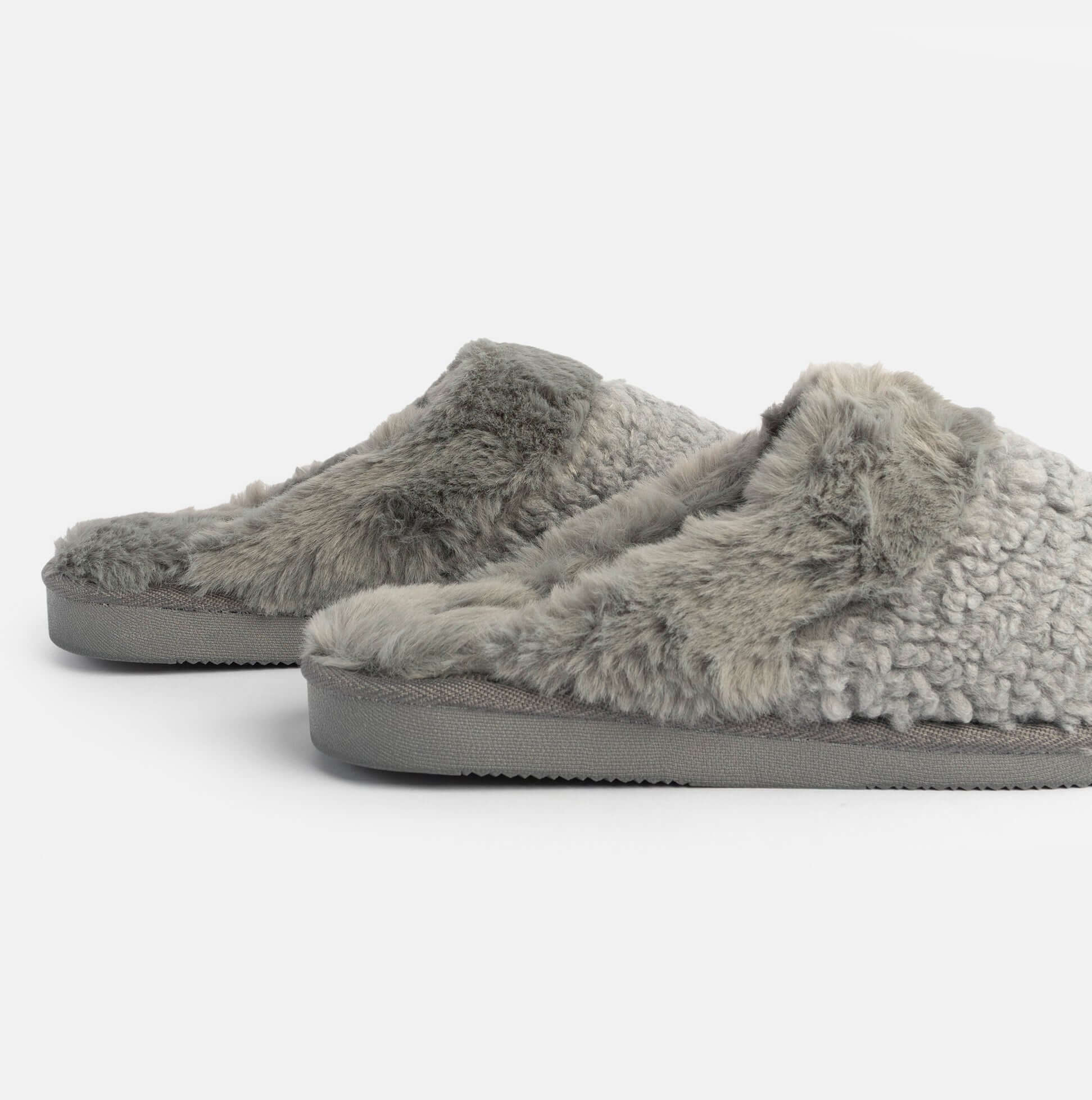 Jo & Joe HELGA Womens Mule Faux Fur Slippers Grey side view showcasing soft fur and slip-on design