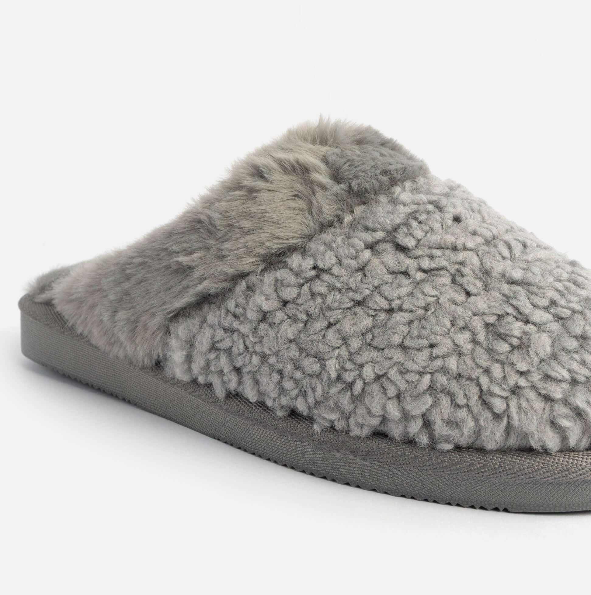 Jo & Joe HELGA Womens Mule Faux Fur Slippers Grey side view showing fluffy upper and grey sole