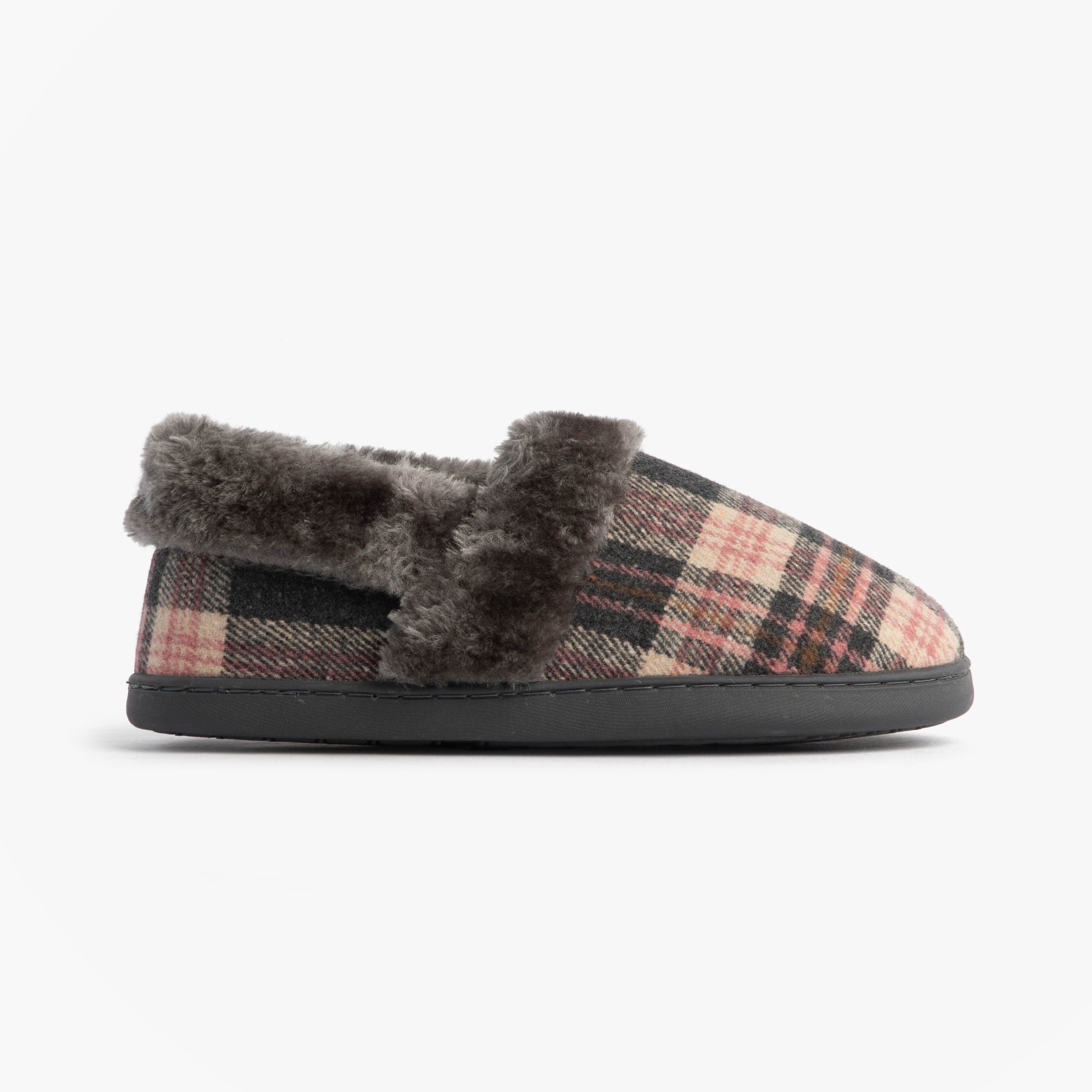 Jo & Joe HERITAGE Womens Full Slippers Pebble side view with plaid pattern and soft lining.