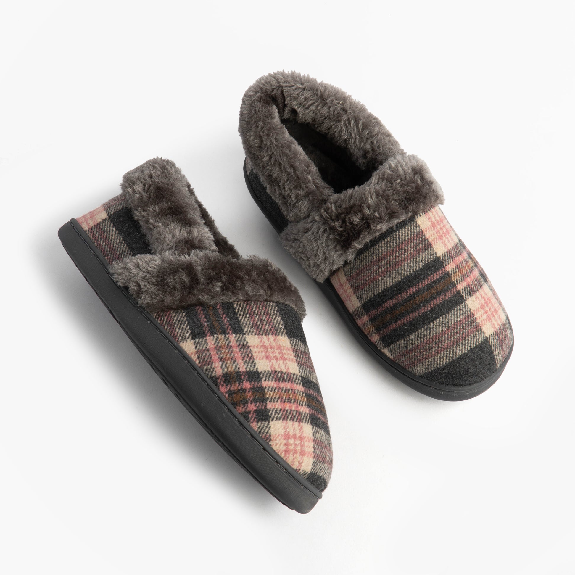 Jo & Joe HERITAGE Womens Full Slippers Pebble top view showcasing stylish plaid design and warmth.