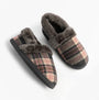Jo & Joe HERITAGE Womens Full Slippers Pebble top view showcasing stylish plaid design and warmth.