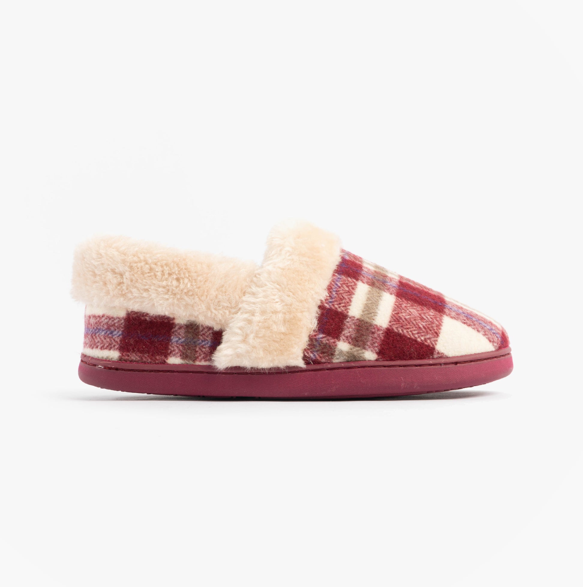 Jo & Joe HERITAGE Womens Full Slippers Cherry side view showing plush lining and plaid textile upper.